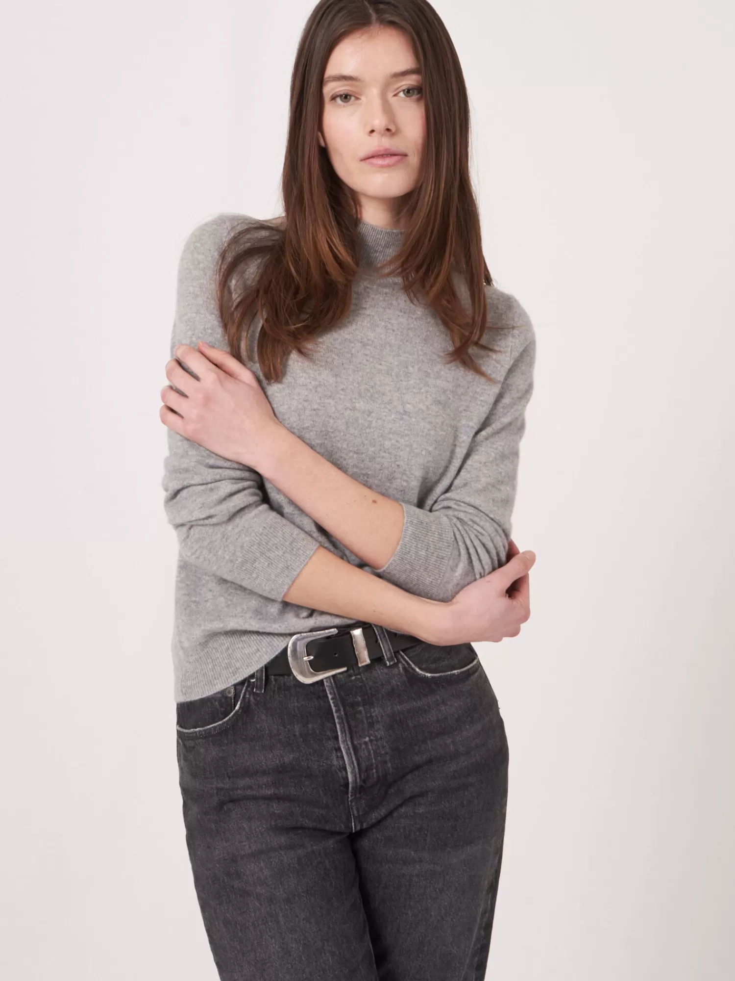 REPEAT cashmere Truien | Truien*Cashmere trui met opstaande kraag LightGrey