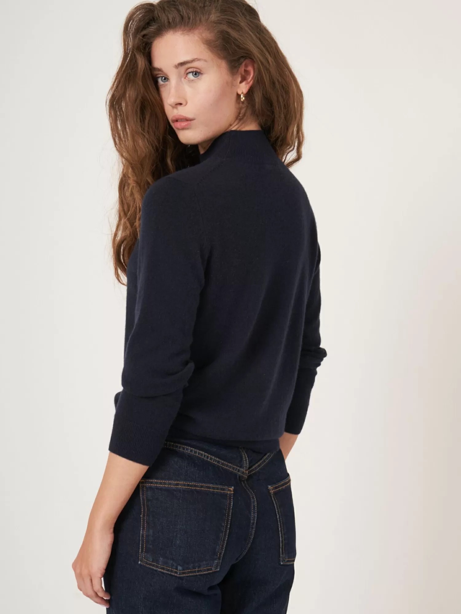 REPEAT cashmere Truien | Organic Cashmere*Cashmere trui met opstaande kraag Navy