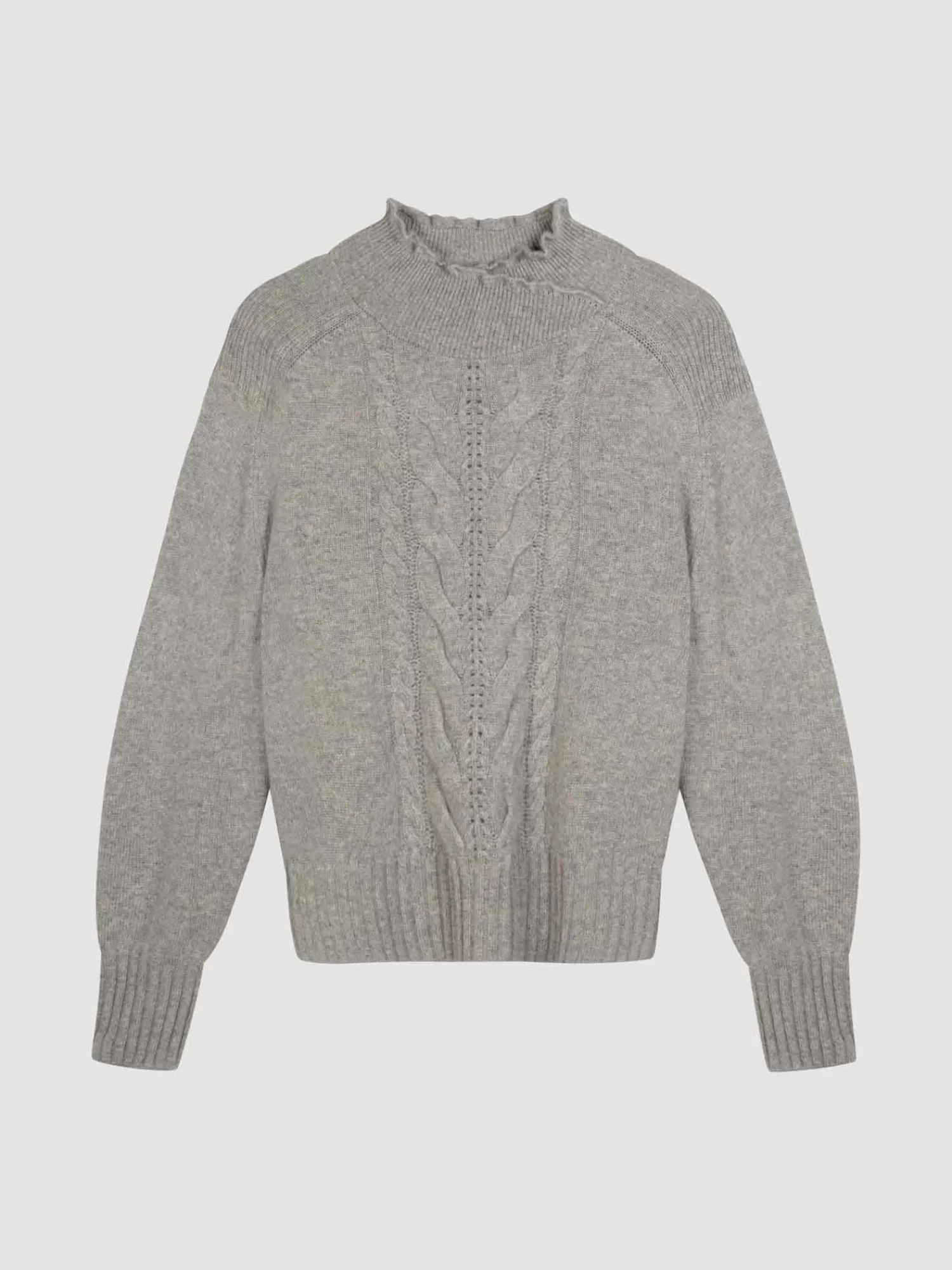 REPEAT cashmere Organic Cashmere | Truien*Cashmere trui met opstaande kraag en kabeldetail LightGrey