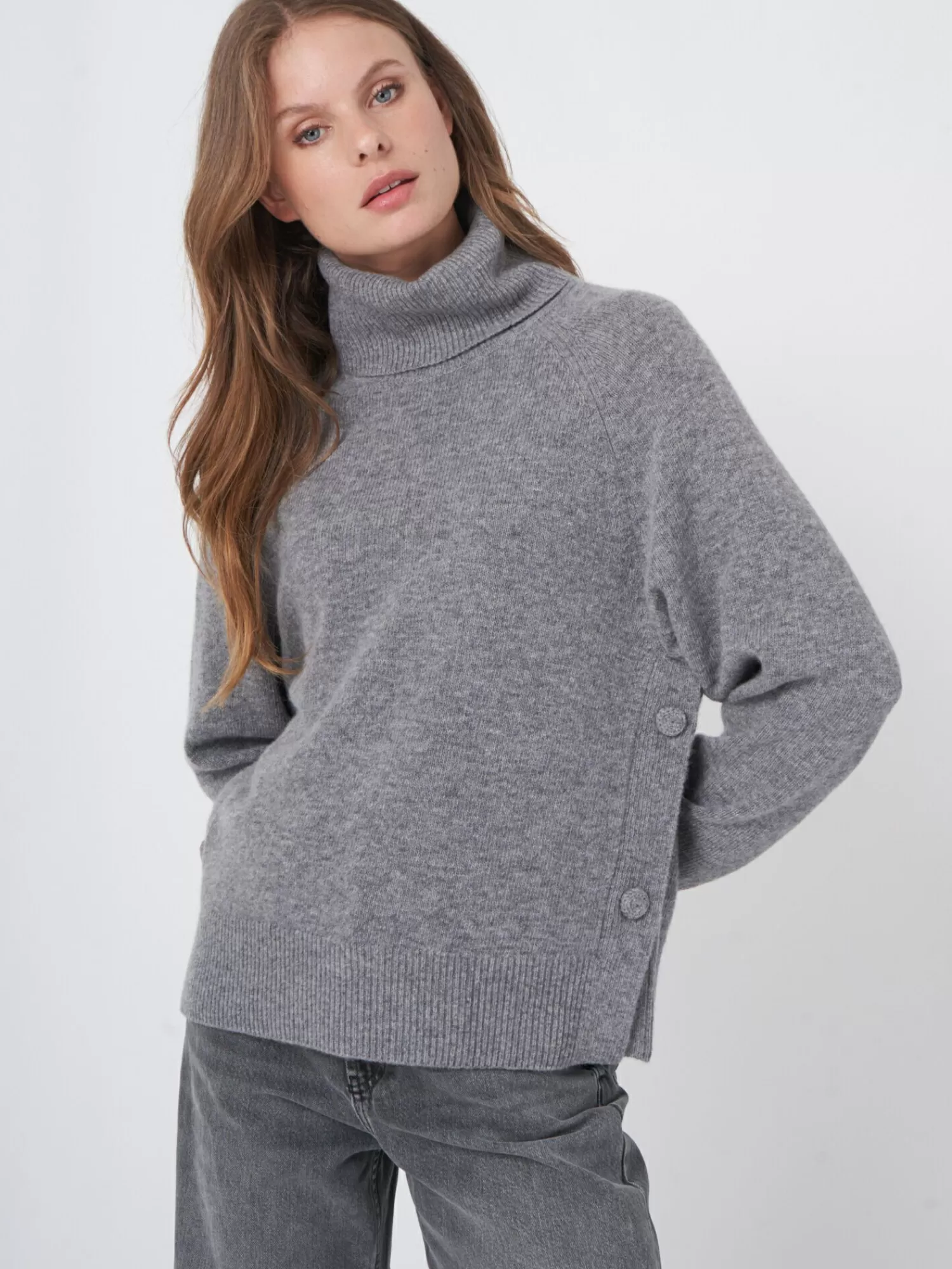 REPEAT cashmere Truien*Coltrui met knopen opzij Grey