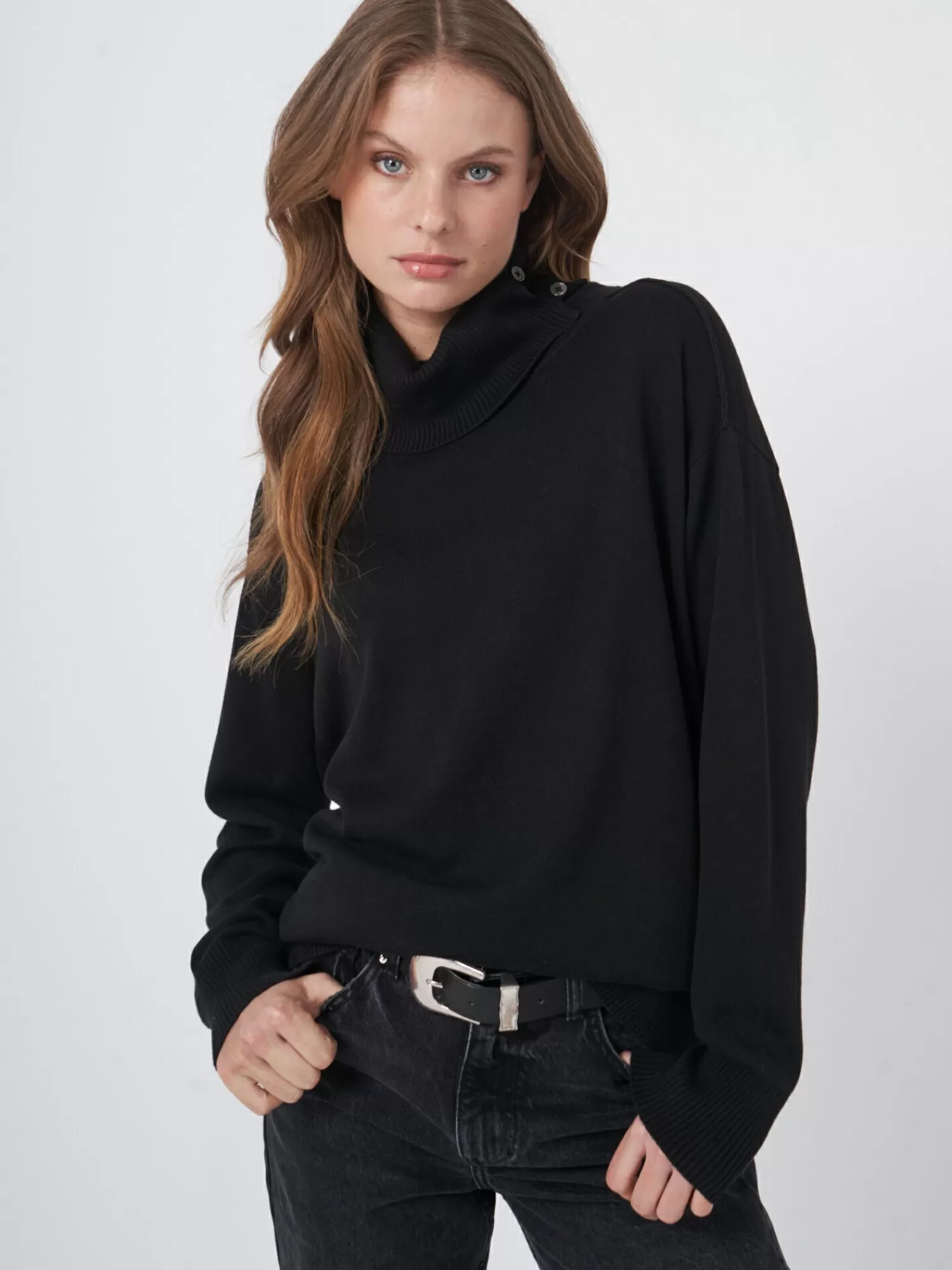 REPEAT cashmere Truien*Coltrui van katoenmix Black