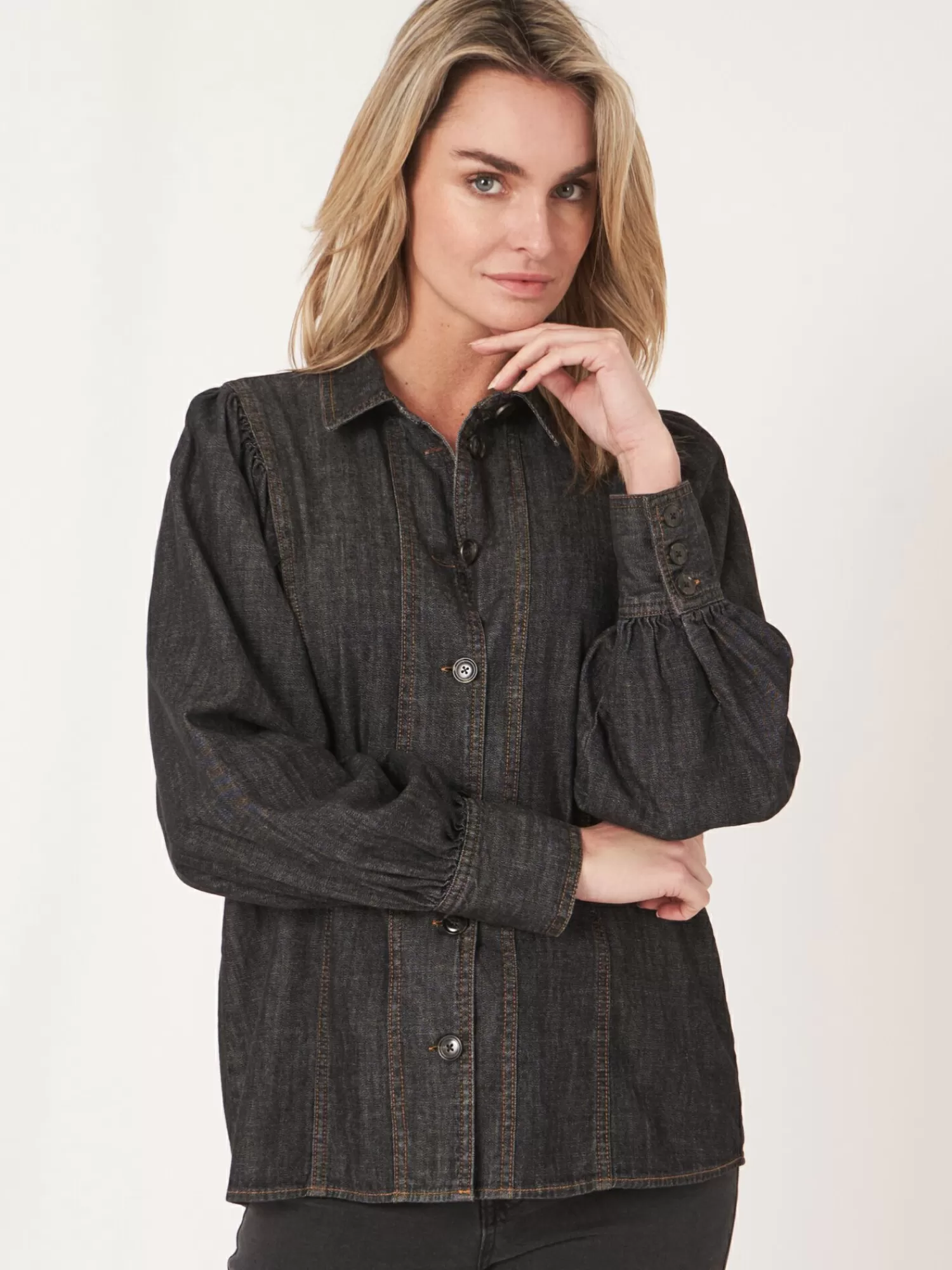 REPEAT cashmere Blouses*Denim blouse met pofmouwen Dk.Grey