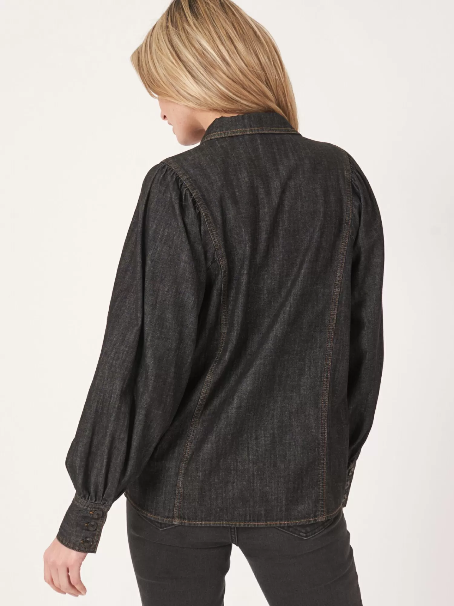 REPEAT cashmere Blouses*Denim blouse met pofmouwen Dk.Grey