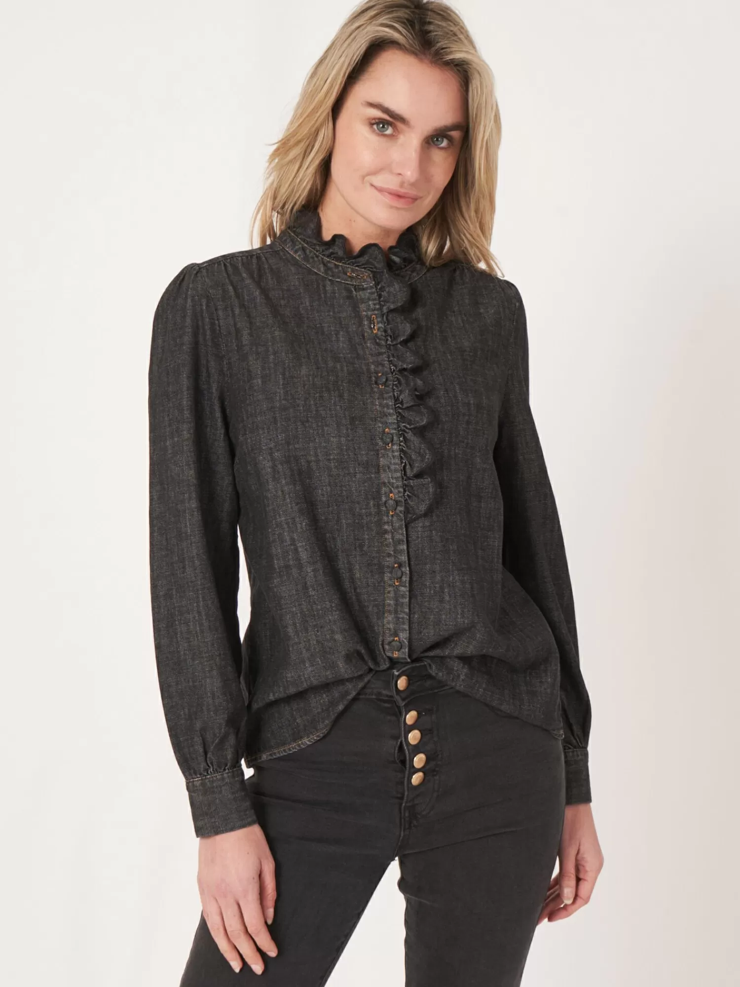 REPEAT cashmere Blouses*Denim blouse met ruche Dk.Grey