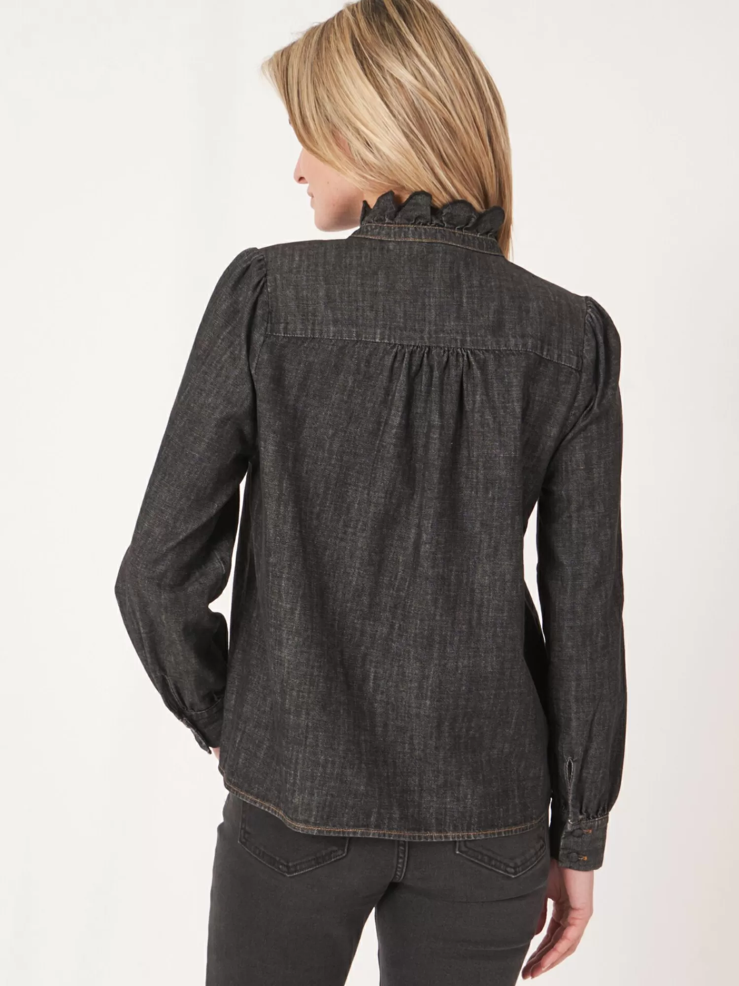 REPEAT cashmere Blouses*Denim blouse met ruche Dk.Grey