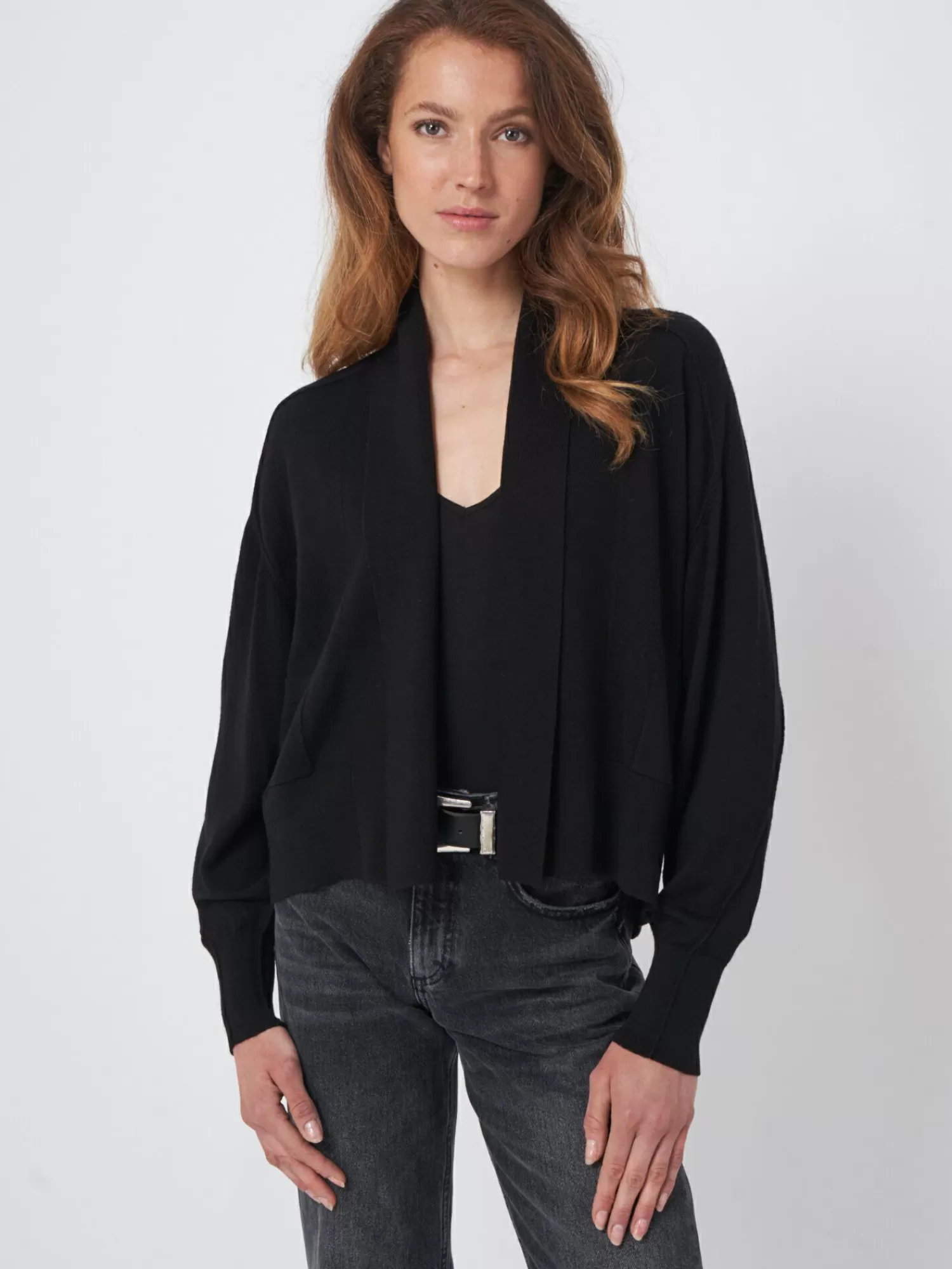 REPEAT cashmere Vesten*Fijn gebreid open vest met sjaalkraag van wolmix Black