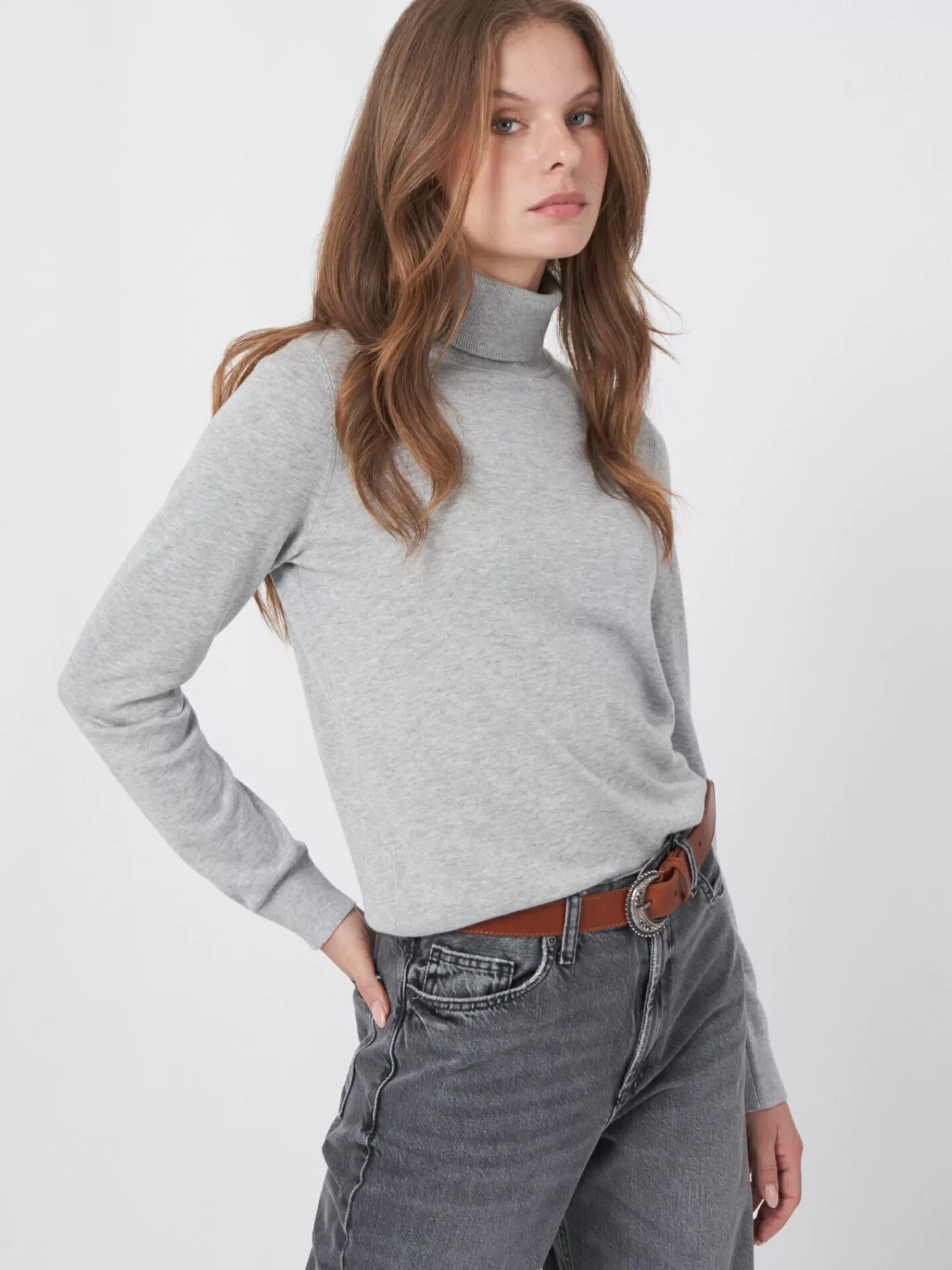 REPEAT cashmere Truien*Fijn gebreide trui met rolkraag van katoenmelange Grey