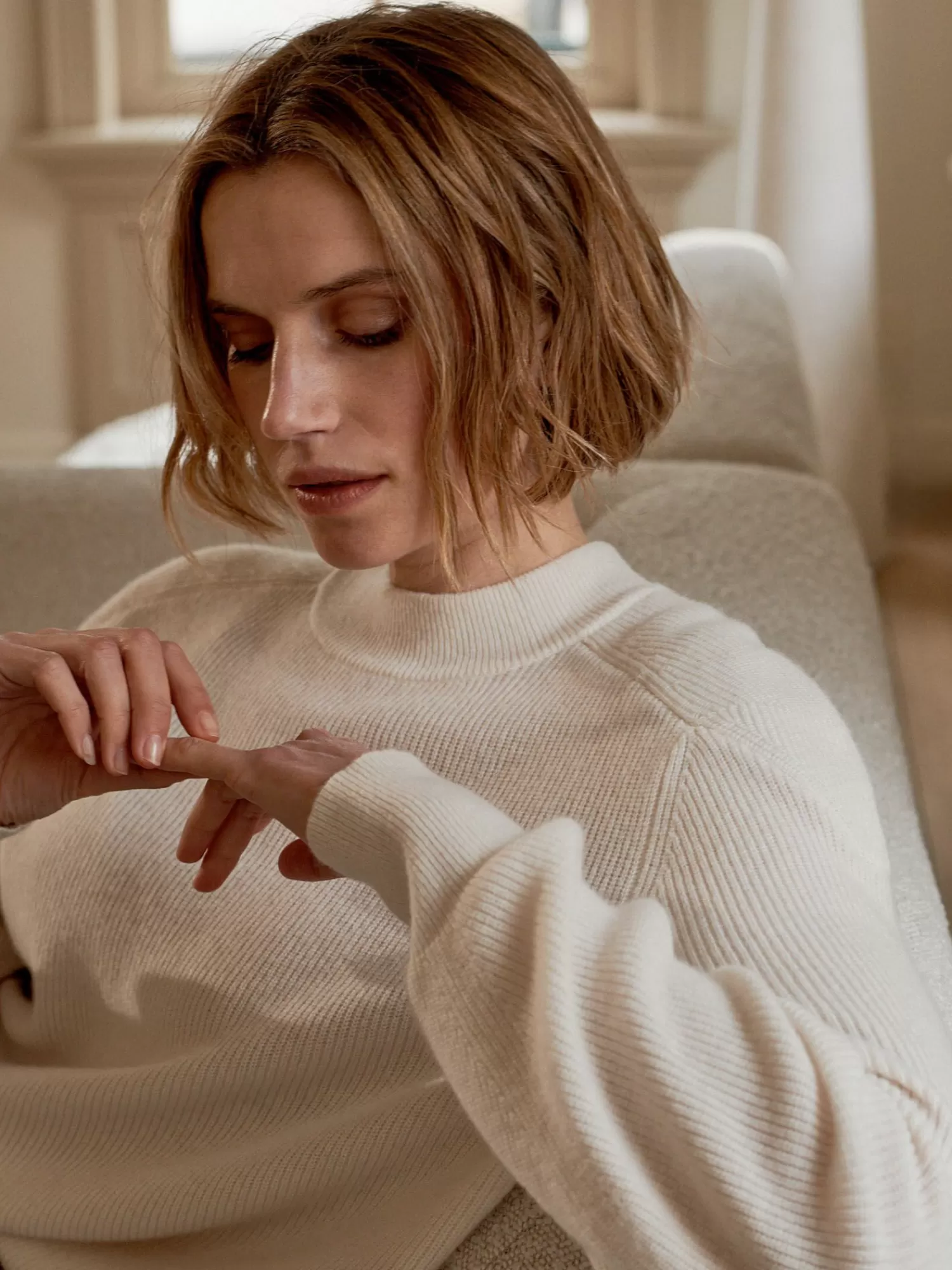 REPEAT cashmere Organic Cashmere | Truien*Fijn ribgebreide cashmere sweater Cream