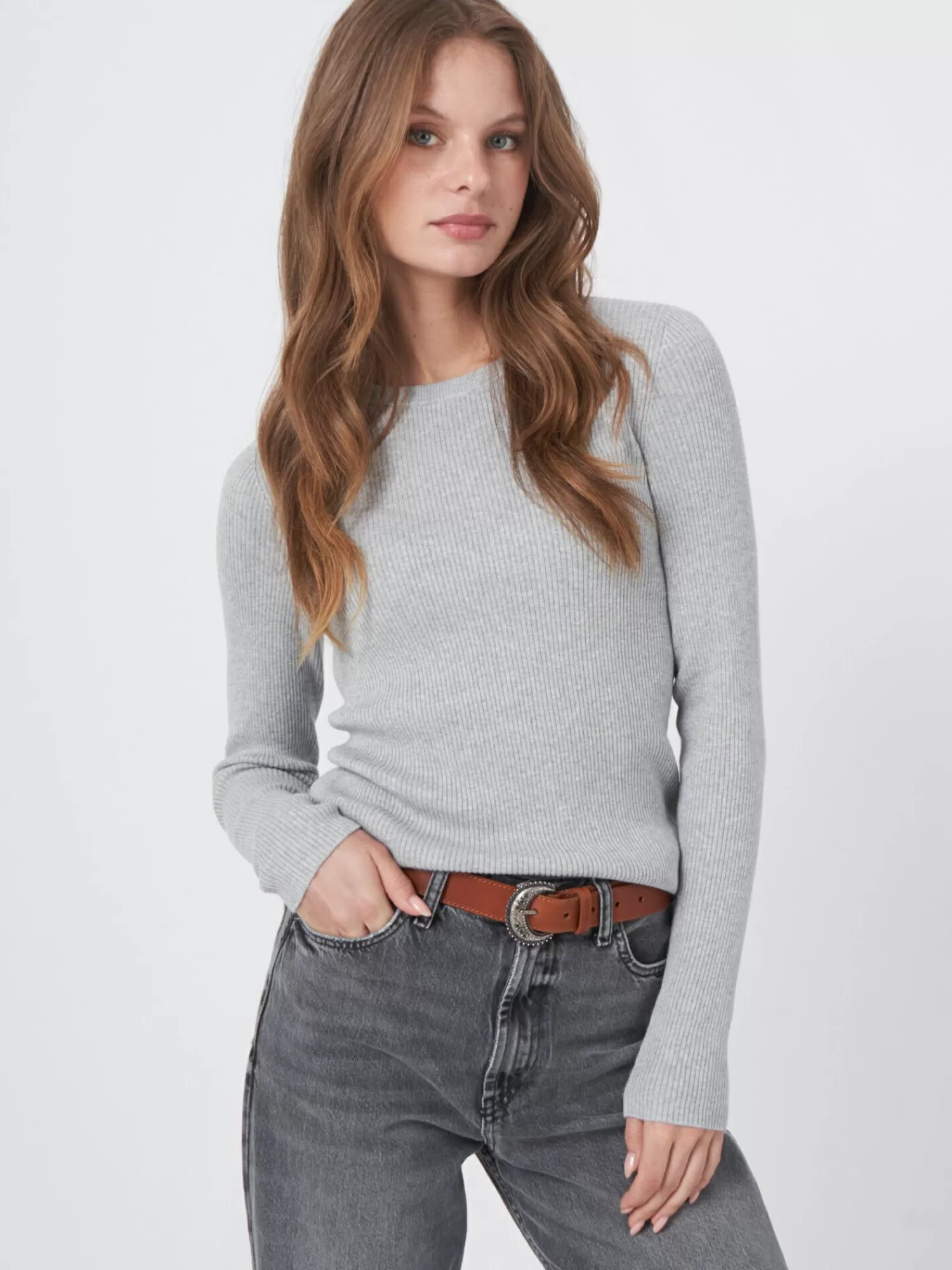 REPEAT cashmere Truien*Fijn ribgebreide trui met ronde halse van katoenmix Grey