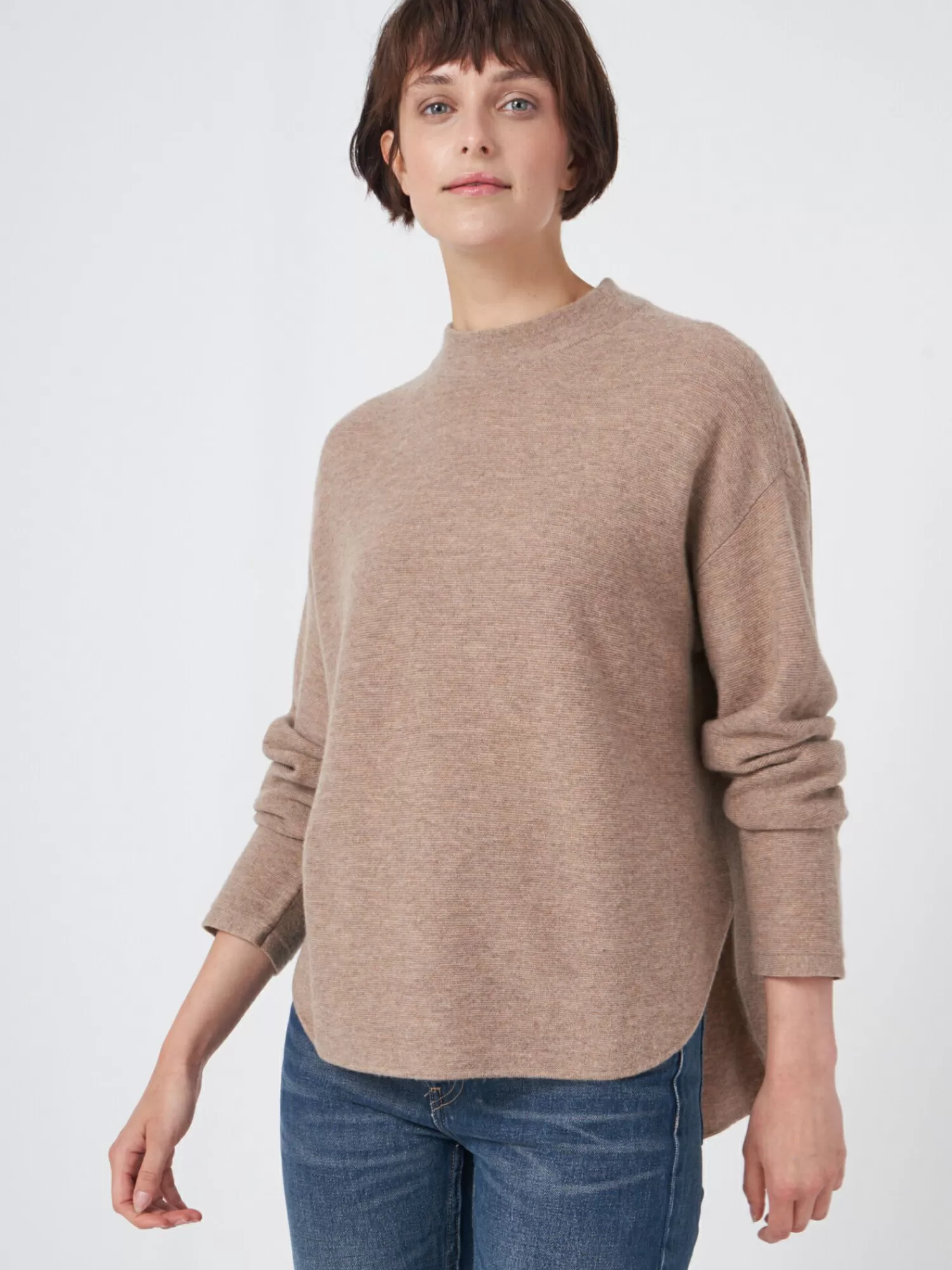 REPEAT cashmere Truien*Fijngebreide trui met ronde zoom Taupe