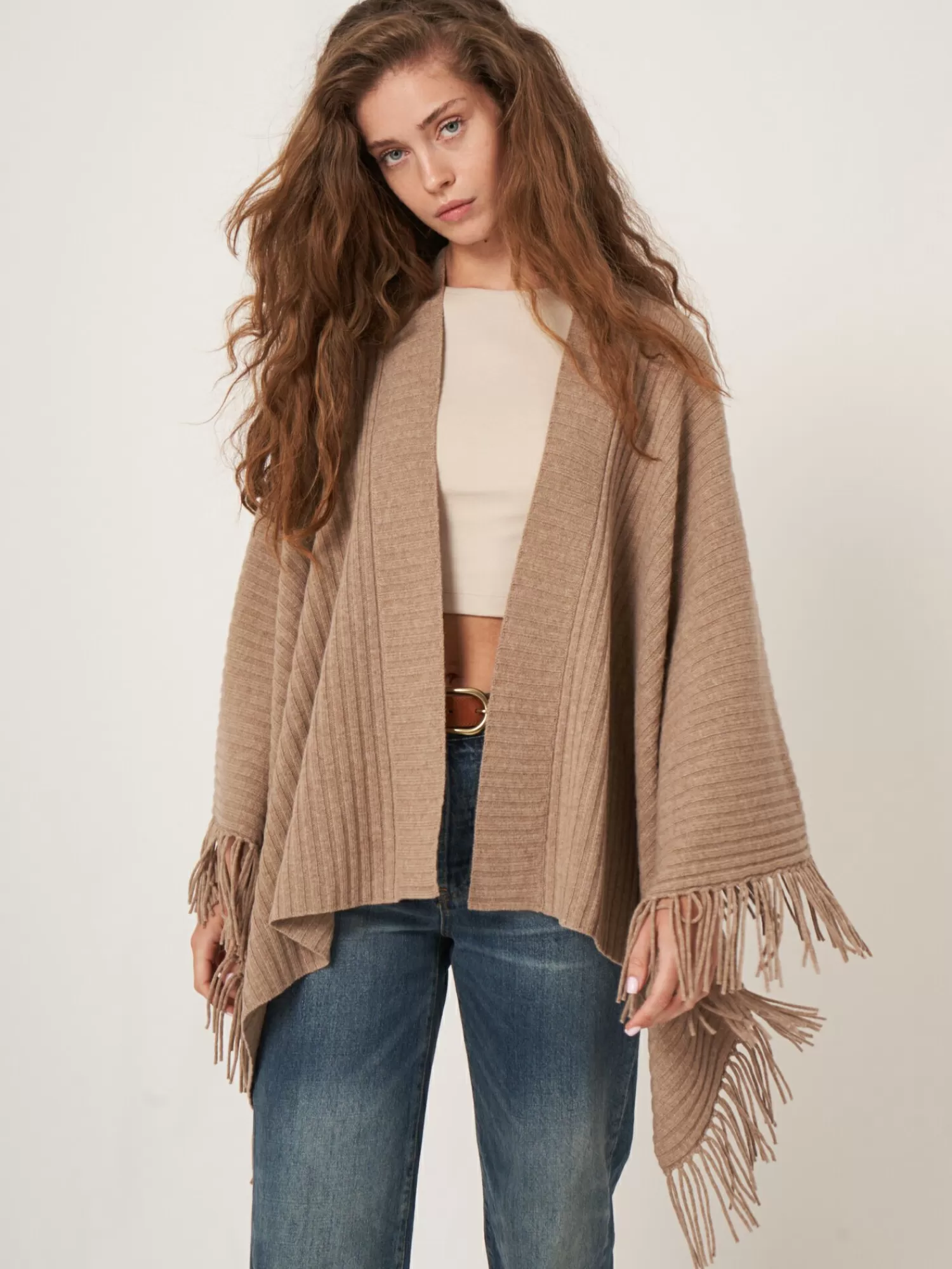 REPEAT cashmere Sjaals*Gebreide cape met franjes Taupe