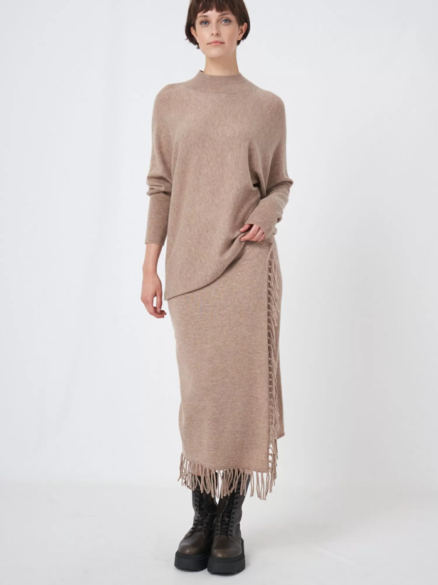 REPEAT cashmere Jurken En Rokken*Gebreide rok met franjes van cashmere mix Taupe