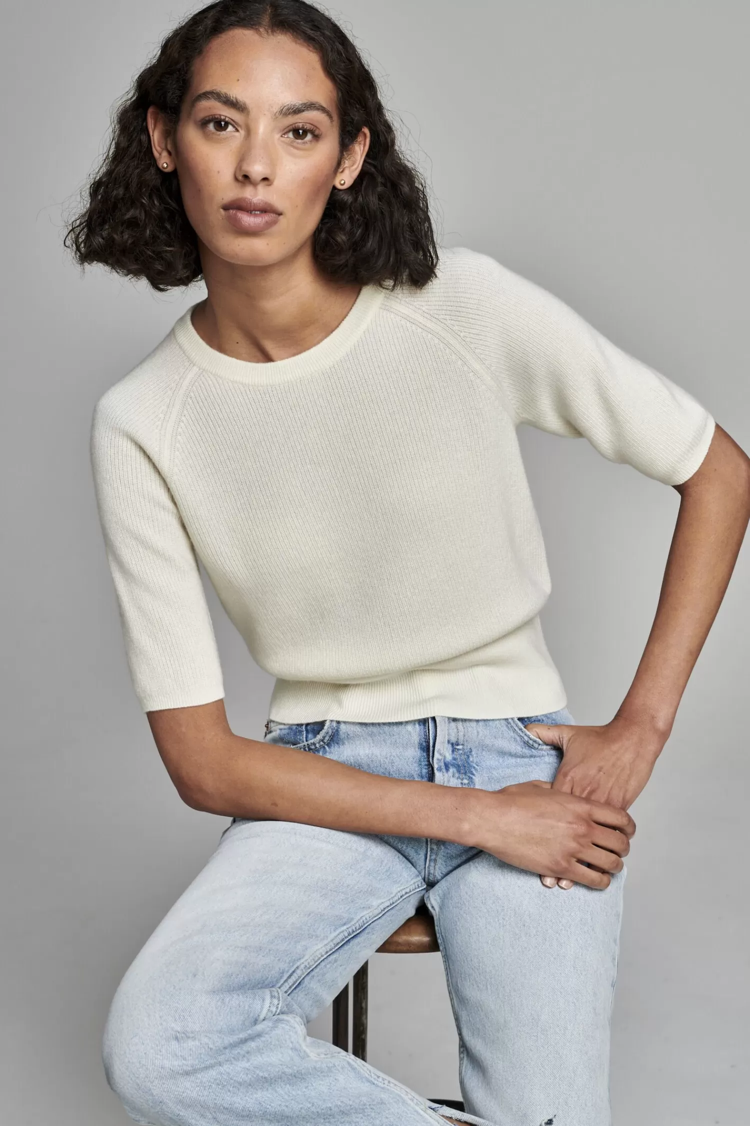 REPEAT cashmere Truien*Geribd sweater met korte mouwen van cashmere Cream