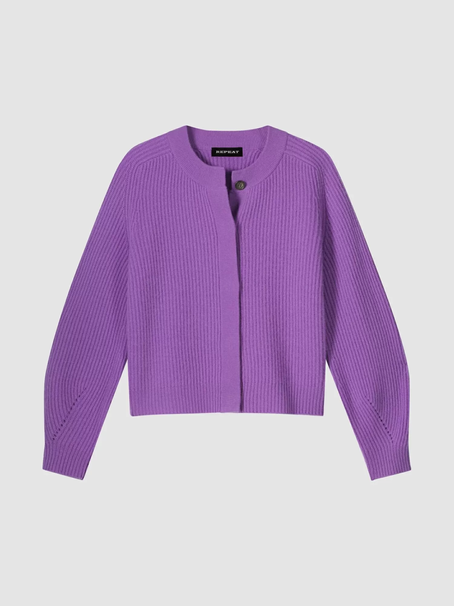 REPEAT cashmere Organic Cashmere | Vesten*Geribde cashmere cardigan met pofmouwen Lilac