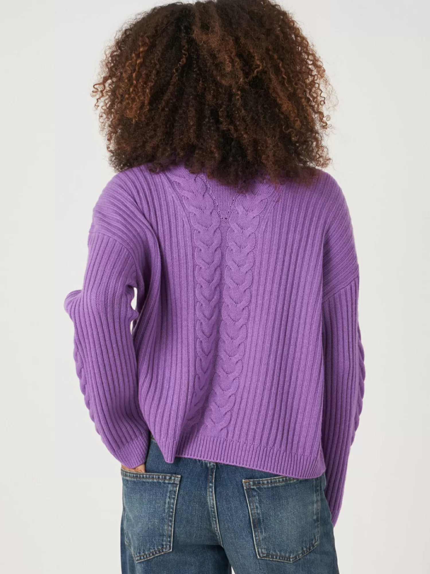 REPEAT cashmere Truien*Geribde trui met hoge kraag en kabel detail Lilac