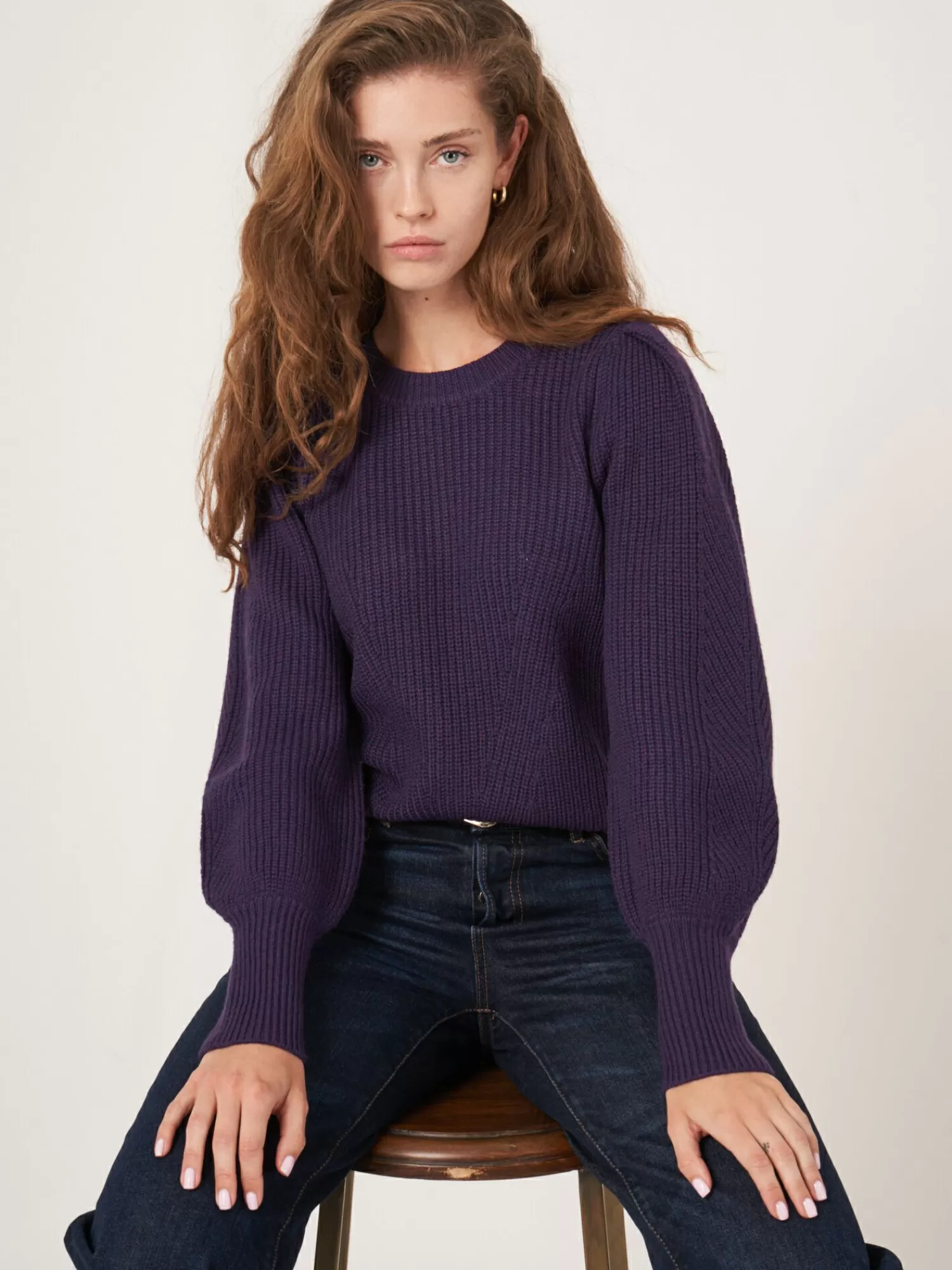 REPEAT cashmere Truien*Geribde trui van merinowol met schouderdetail Purple