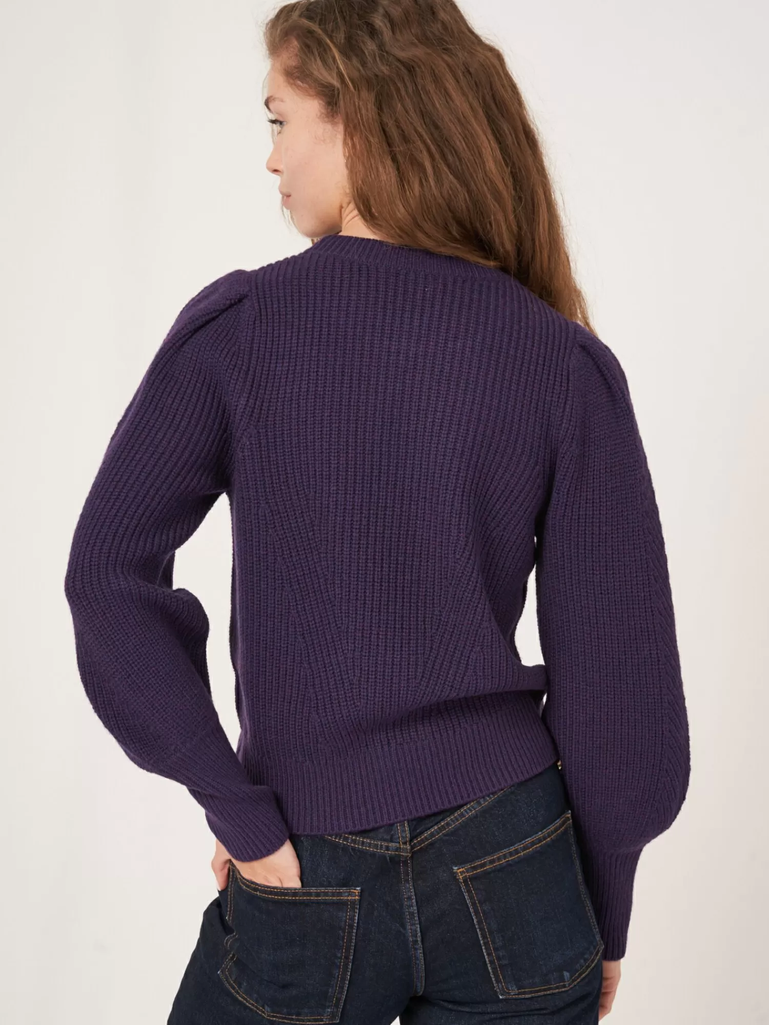 REPEAT cashmere Truien*Geribde trui van merinowol met schouderdetail Purple