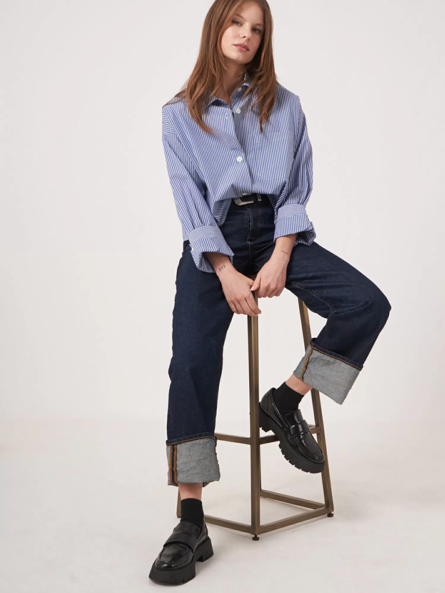 REPEAT cashmere Blouses*Gestreepte blouse met manchetdetail BlueStripes