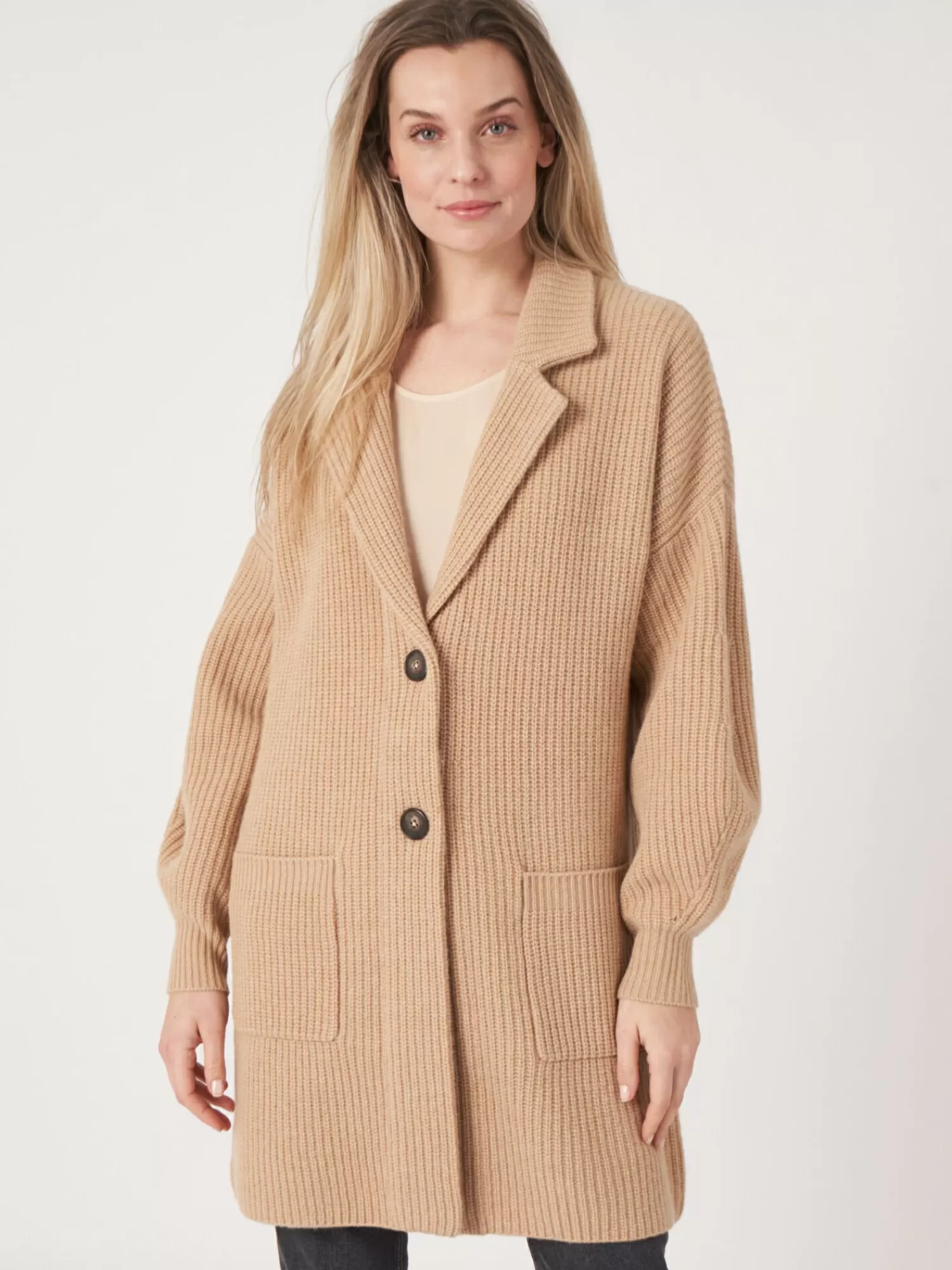 REPEAT cashmere Vesten*Halflang vest met rib en reverskraag Lt.Camel
