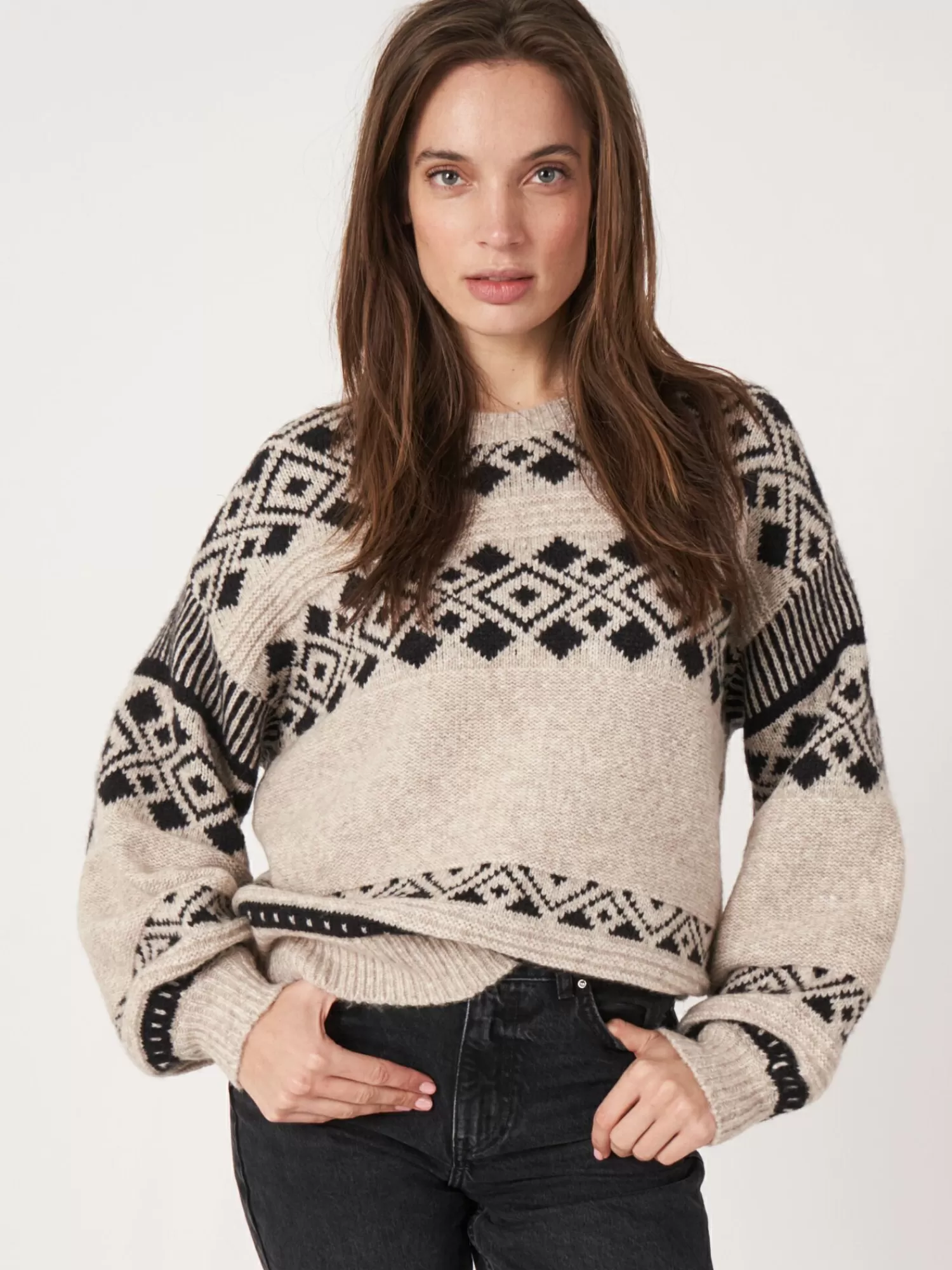 REPEAT cashmere Truien*Intarsia gebreide trui van Italiaanse garen Sand