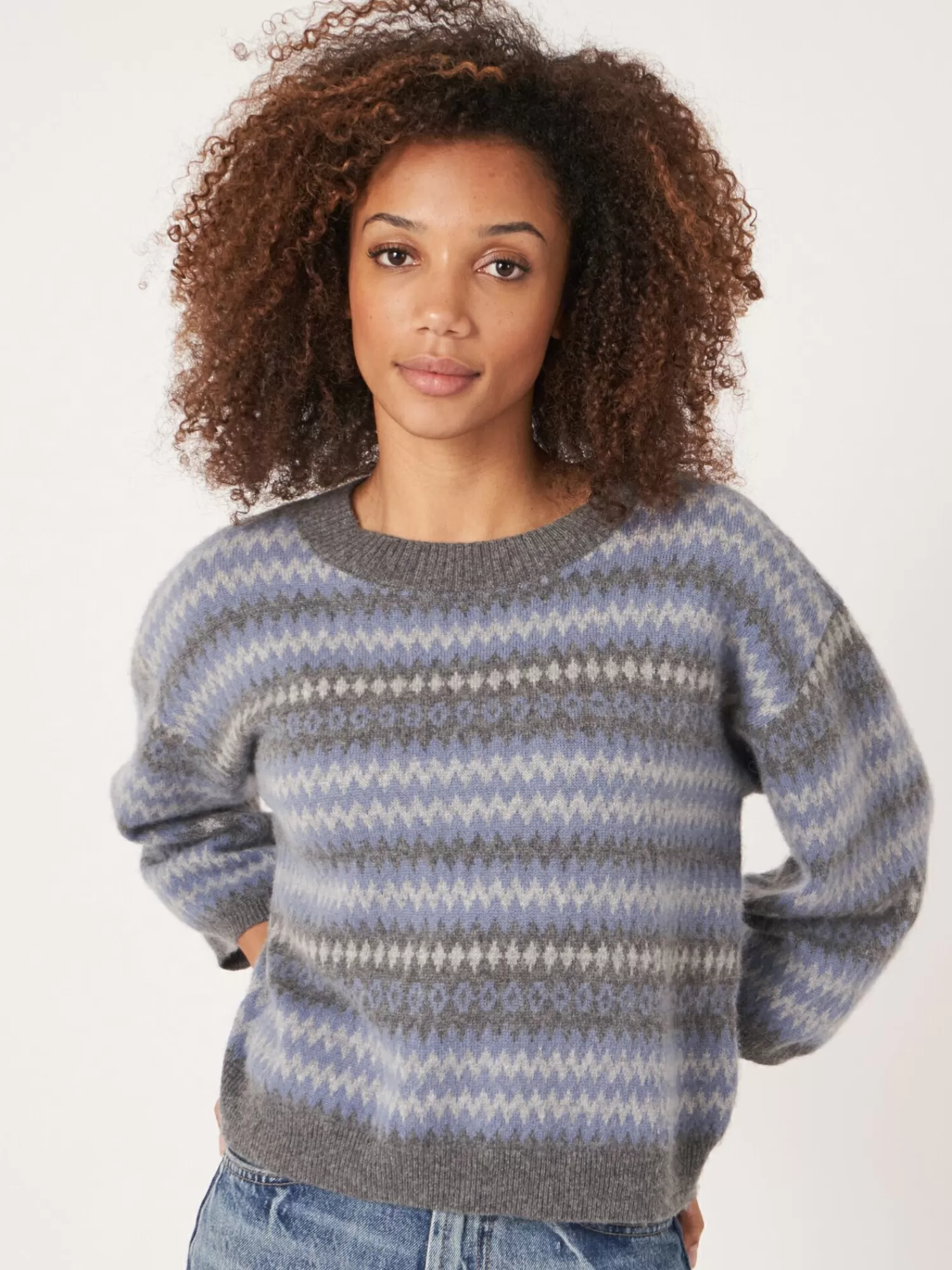 REPEAT cashmere Organic Cashmere*Intarsia trui met strepen en 3/4 mouwen Ice