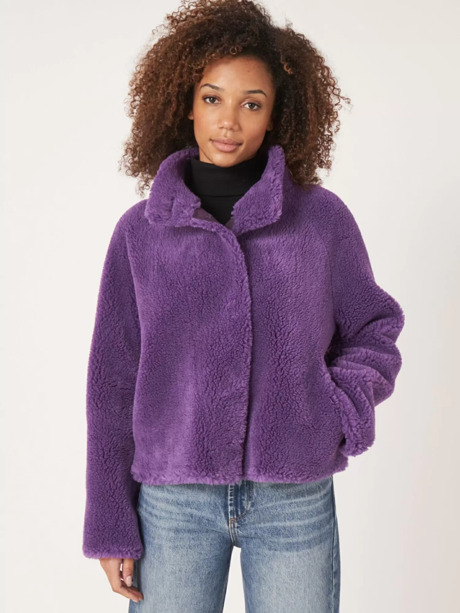 REPEAT cashmere Jassen*Kort omkeerbare jas met knopen van teddy wol MagicPurple