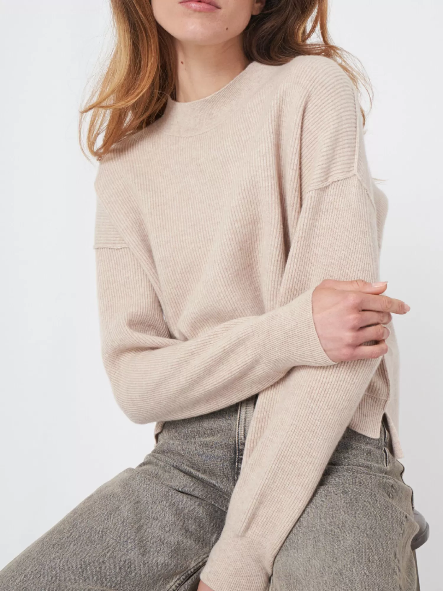 REPEAT cashmere Organic Cashmere | Truien*Korte ribgebreide cashmere trui Beige