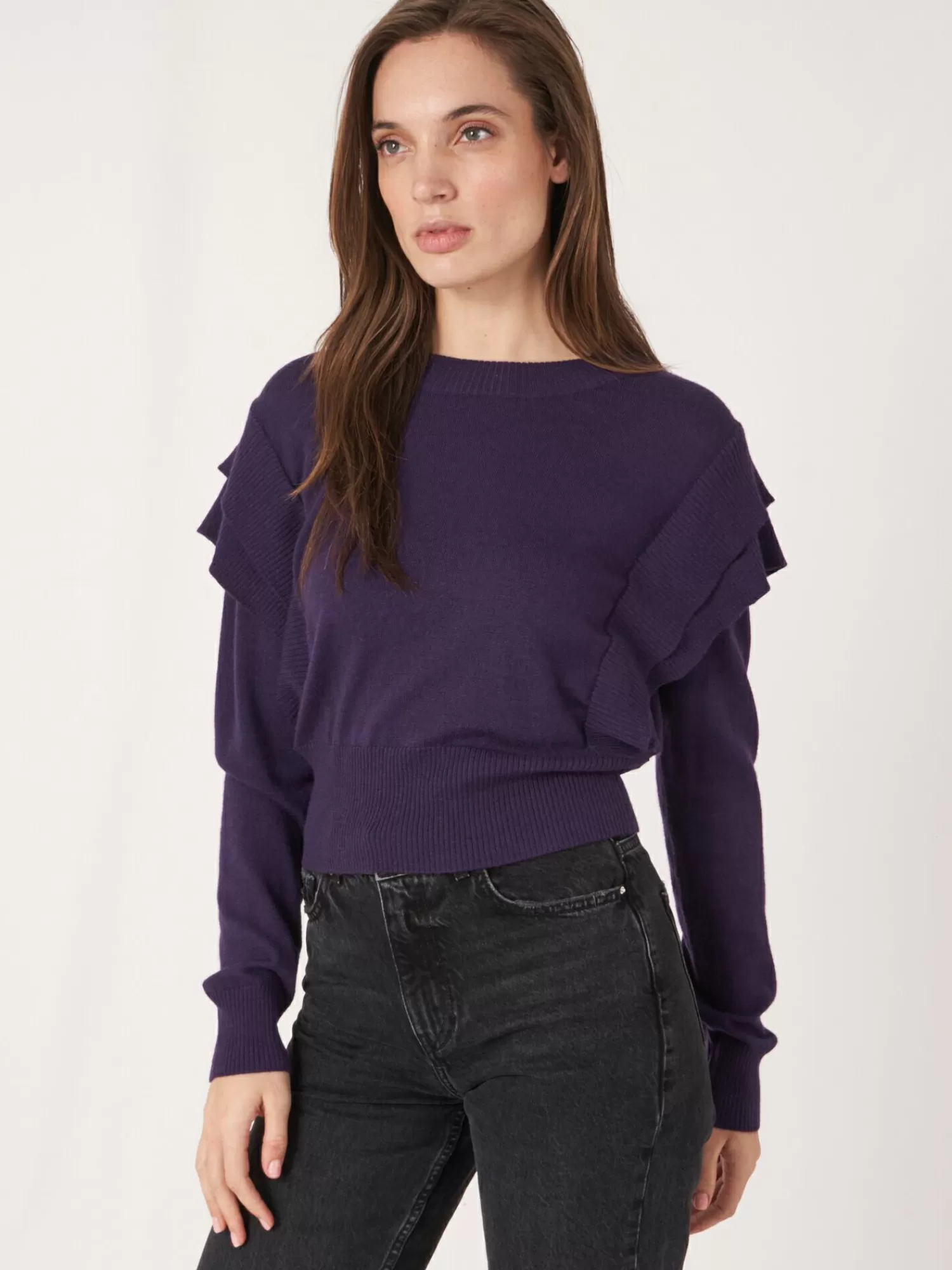 REPEAT cashmere Truien*Korte trui met detail aan de schouder Purple