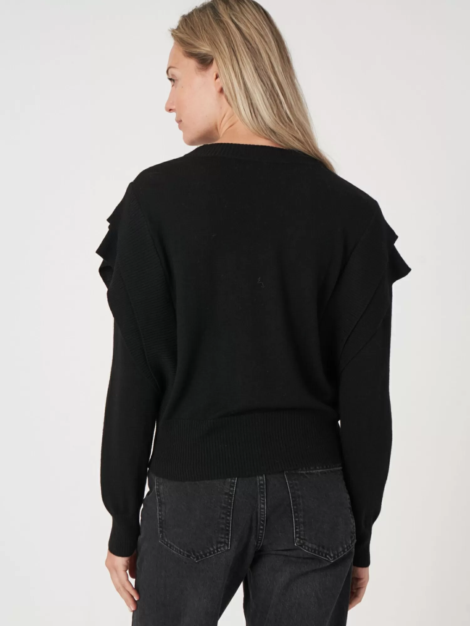 REPEAT cashmere Truien*Korte trui met detail aan de schouder Black