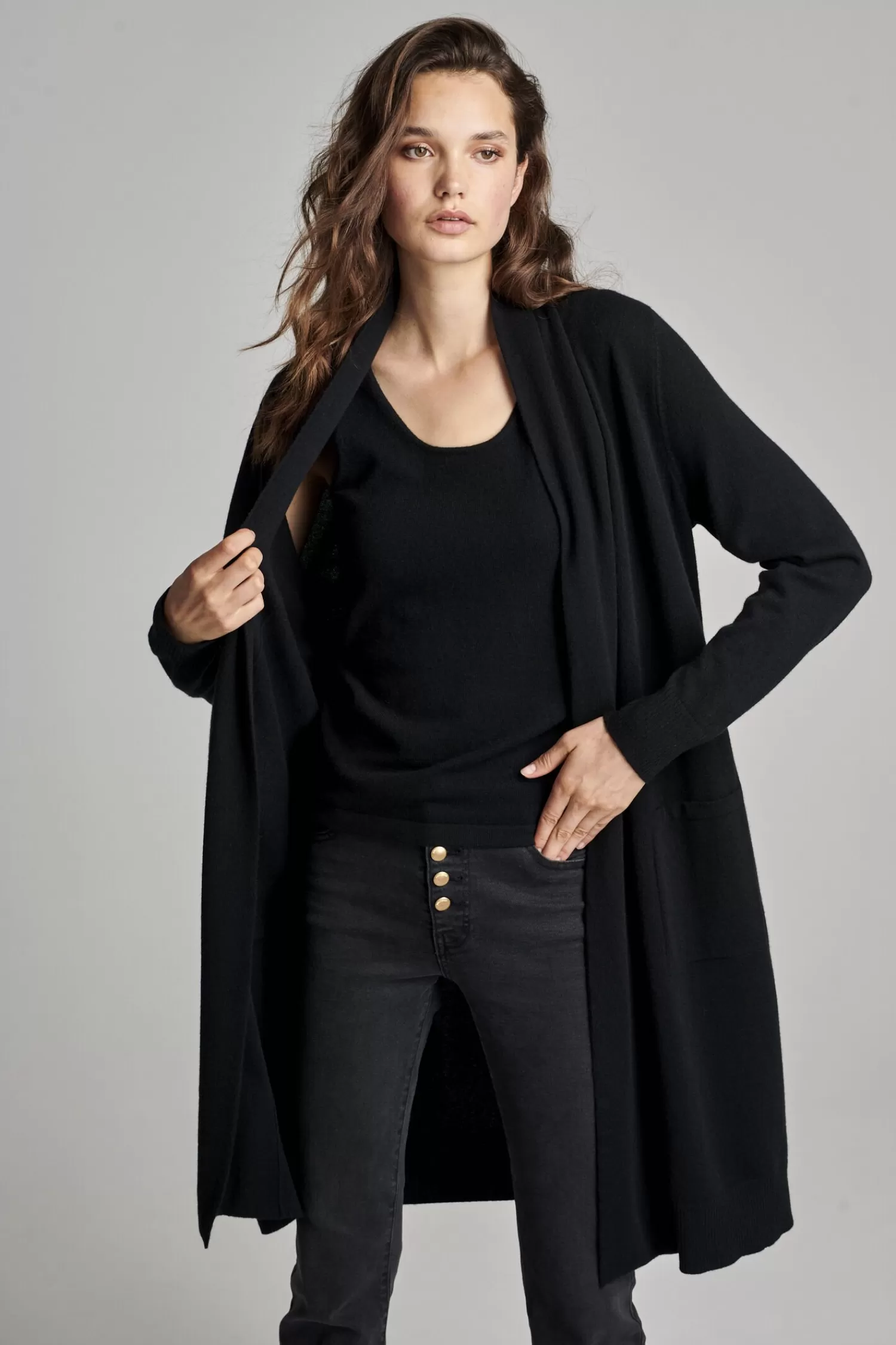 REPEAT cashmere Vesten*Lang open cashmere vest met zakken Black