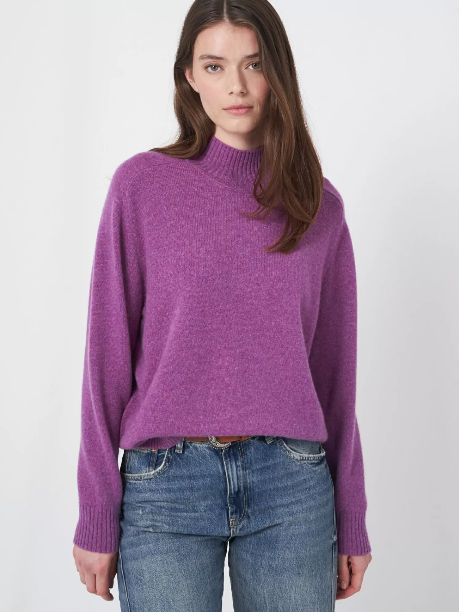 REPEAT cashmere Truien*Loose fit cashmere trui met hoge kraag Grape