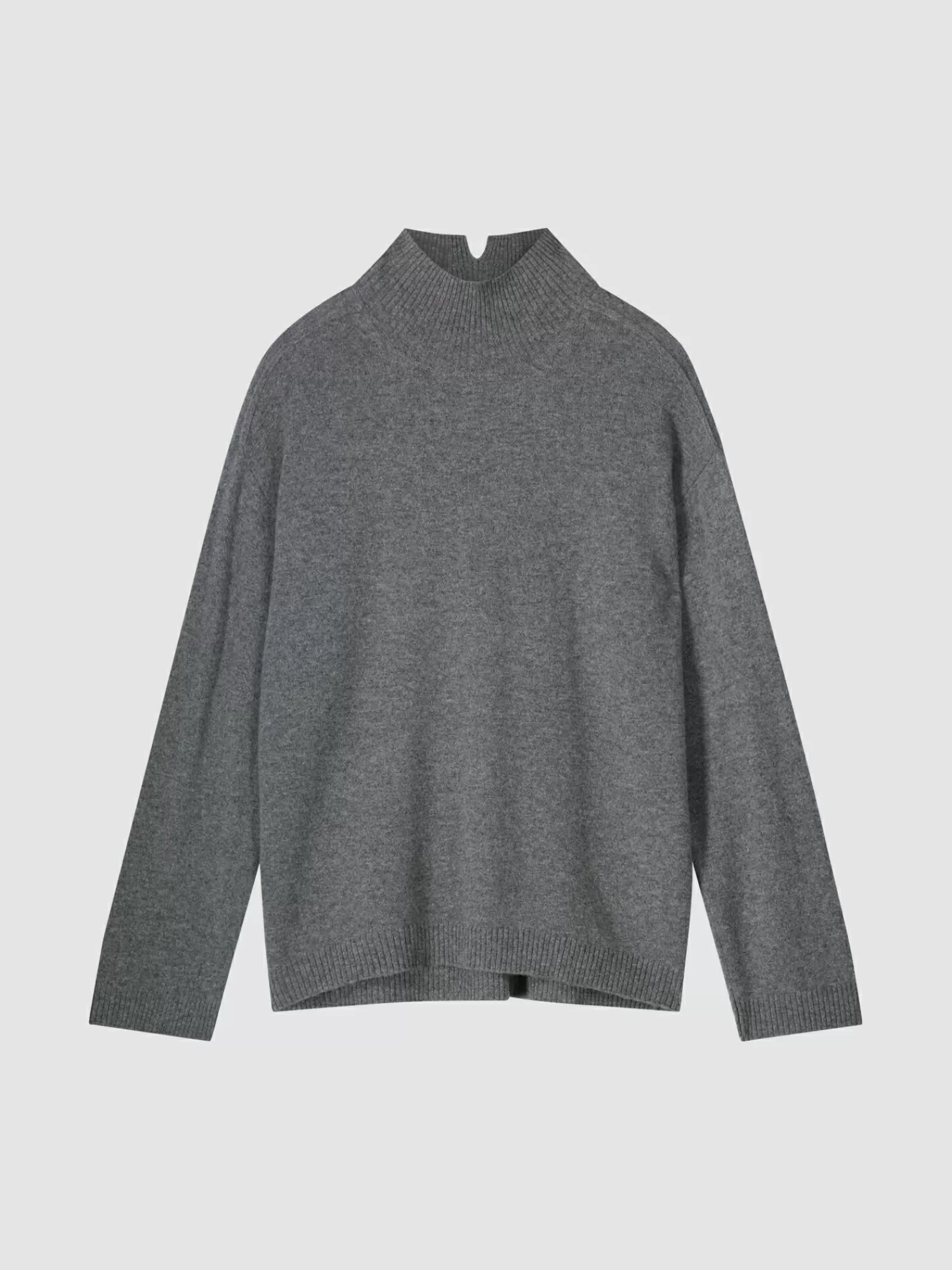 REPEAT cashmere Organic Cashmere*Loose fit cashmere trui met opstaande kraag met split MedGrey