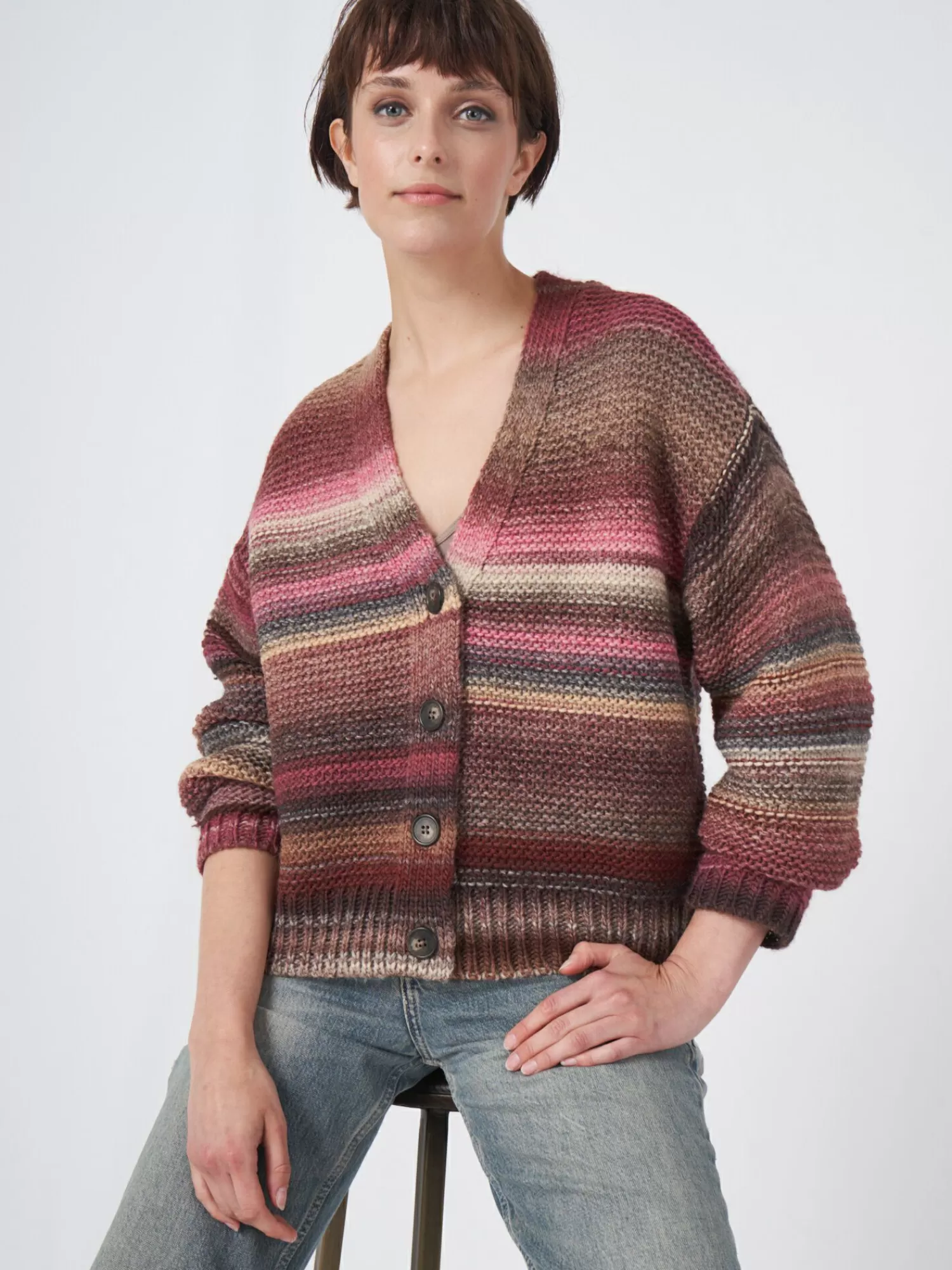 REPEAT cashmere Vesten*Meerkleurige gestreepte cardigan met knopen BrownMulti