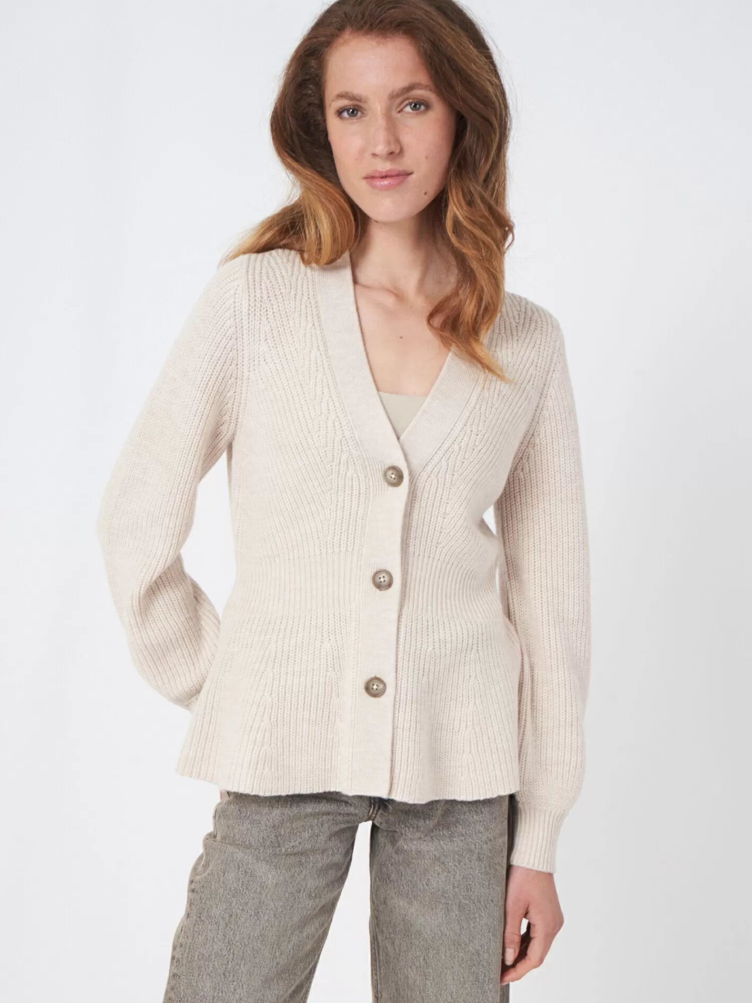 REPEAT cashmere Vesten*Merino wollen peplum vest met knopen LtBeige