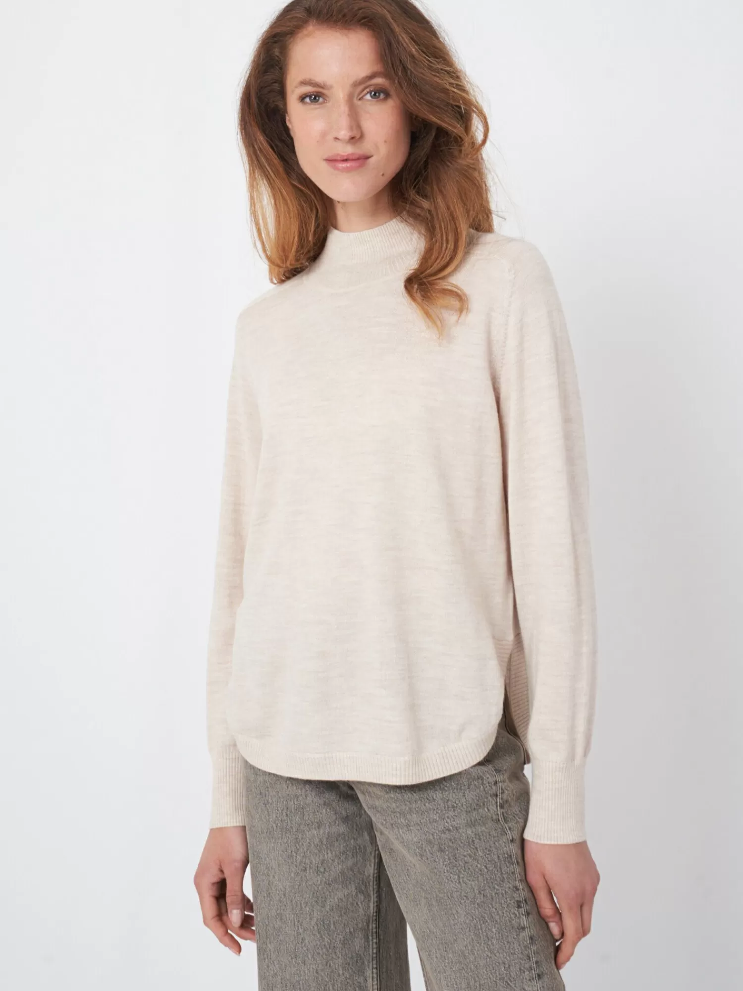 REPEAT cashmere Truien*Merino wollen trui met brede geribde opstaande kraag LtBeige