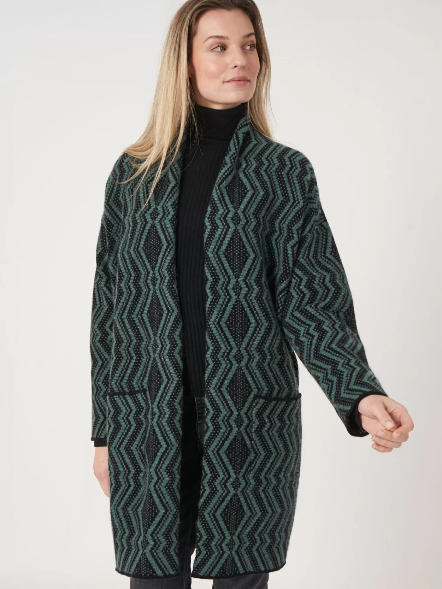 REPEAT cashmere Vesten*Middellang intarsia-vest met jacquardpatroon Kelp/Black