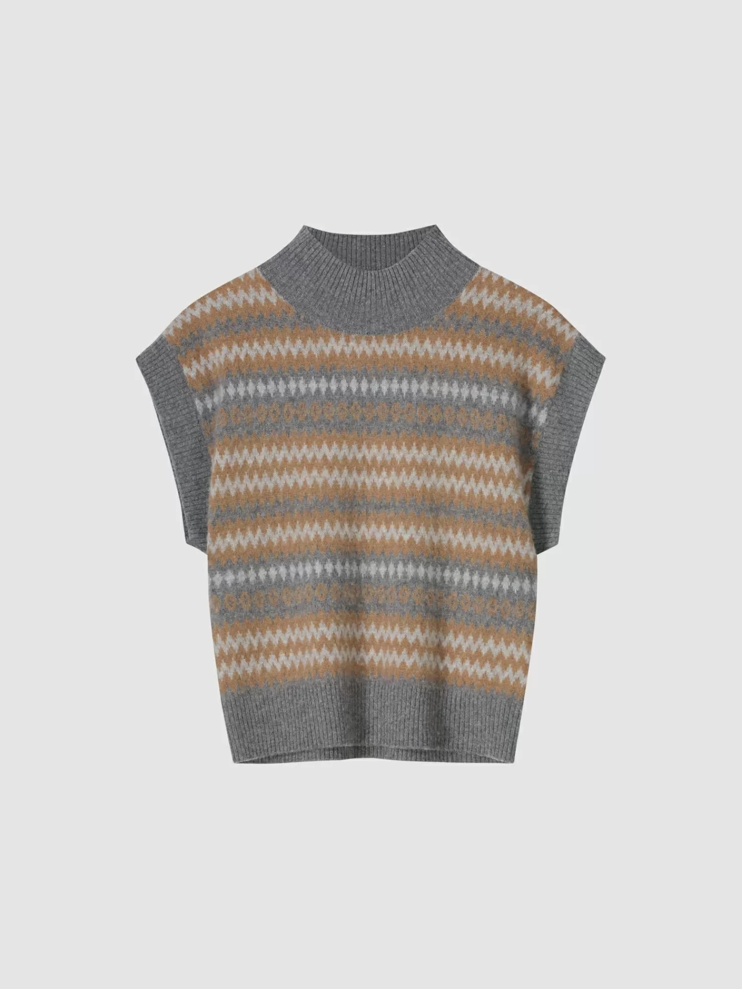 REPEAT cashmere Organic Cashmere | Truien*Mouwloze intarsia trui met geribde opstaande kraag MedGrey