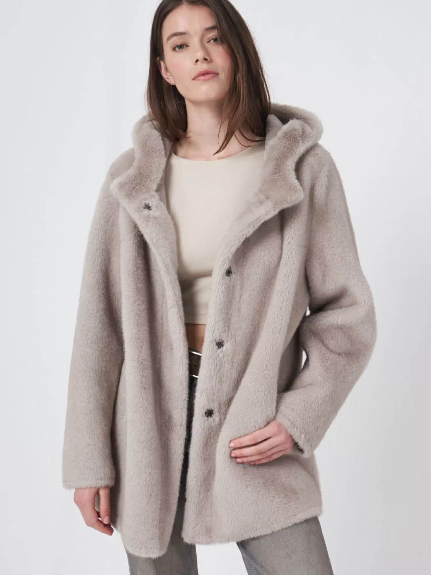 REPEAT cashmere Jassen & Blazers | Jassen*Omkeerbare faux fur jas met capuchon Lt.Grey