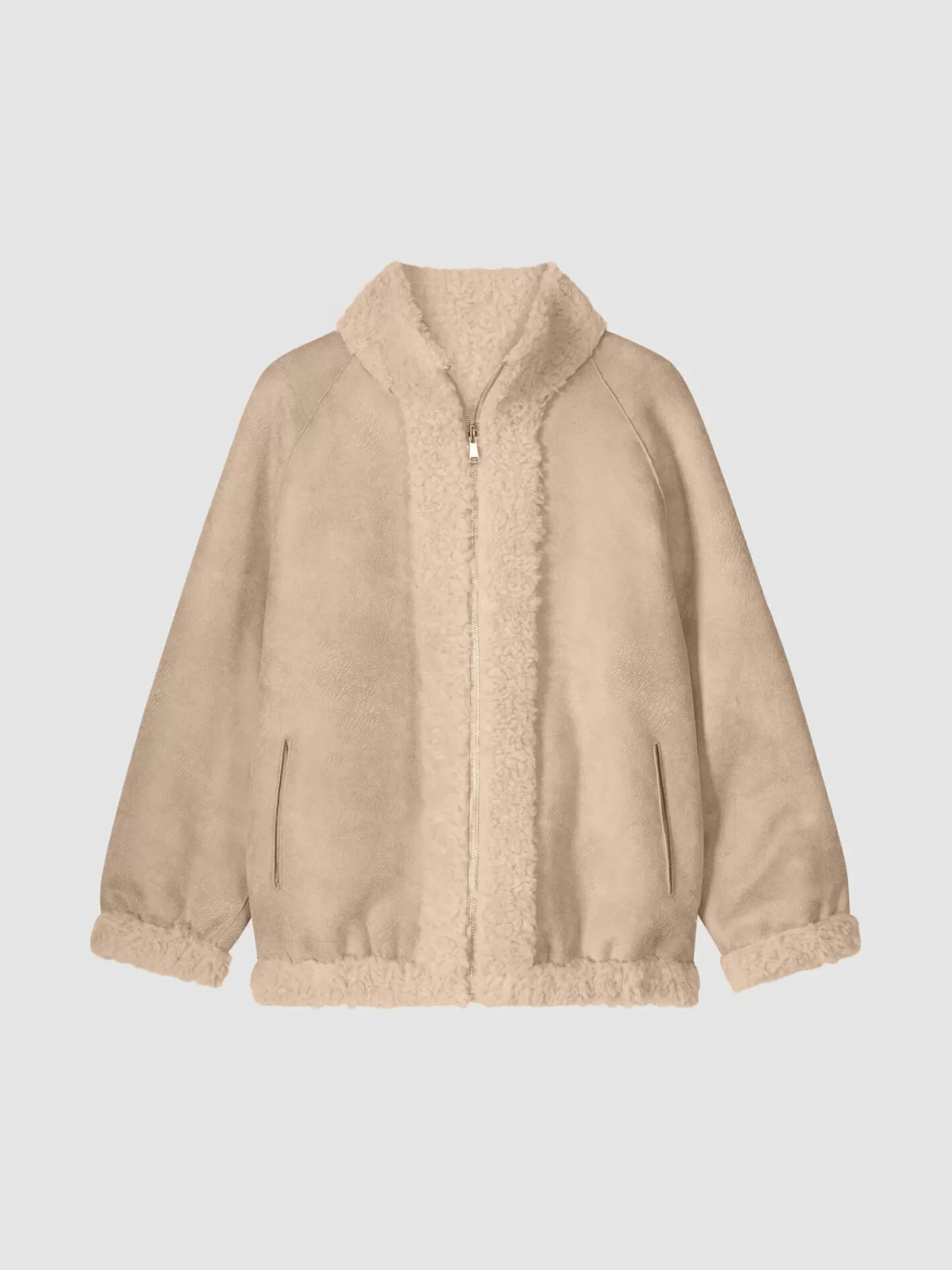 REPEAT cashmere Jassen*Omkeerbare jas van teddy wol met dubbele rits DarkBeige