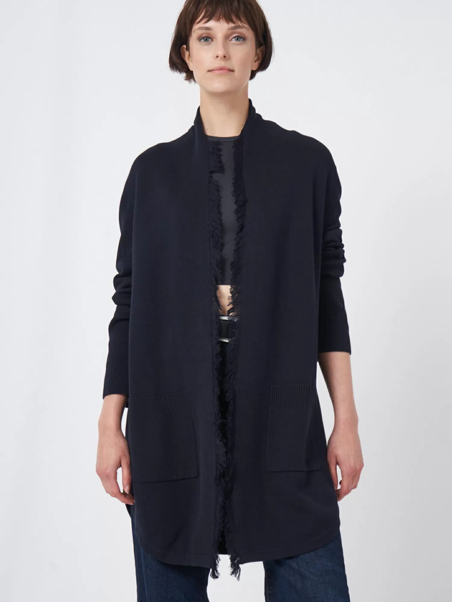 REPEAT cashmere Vesten*Open cardigan met sjaalkraag met franjes Navy