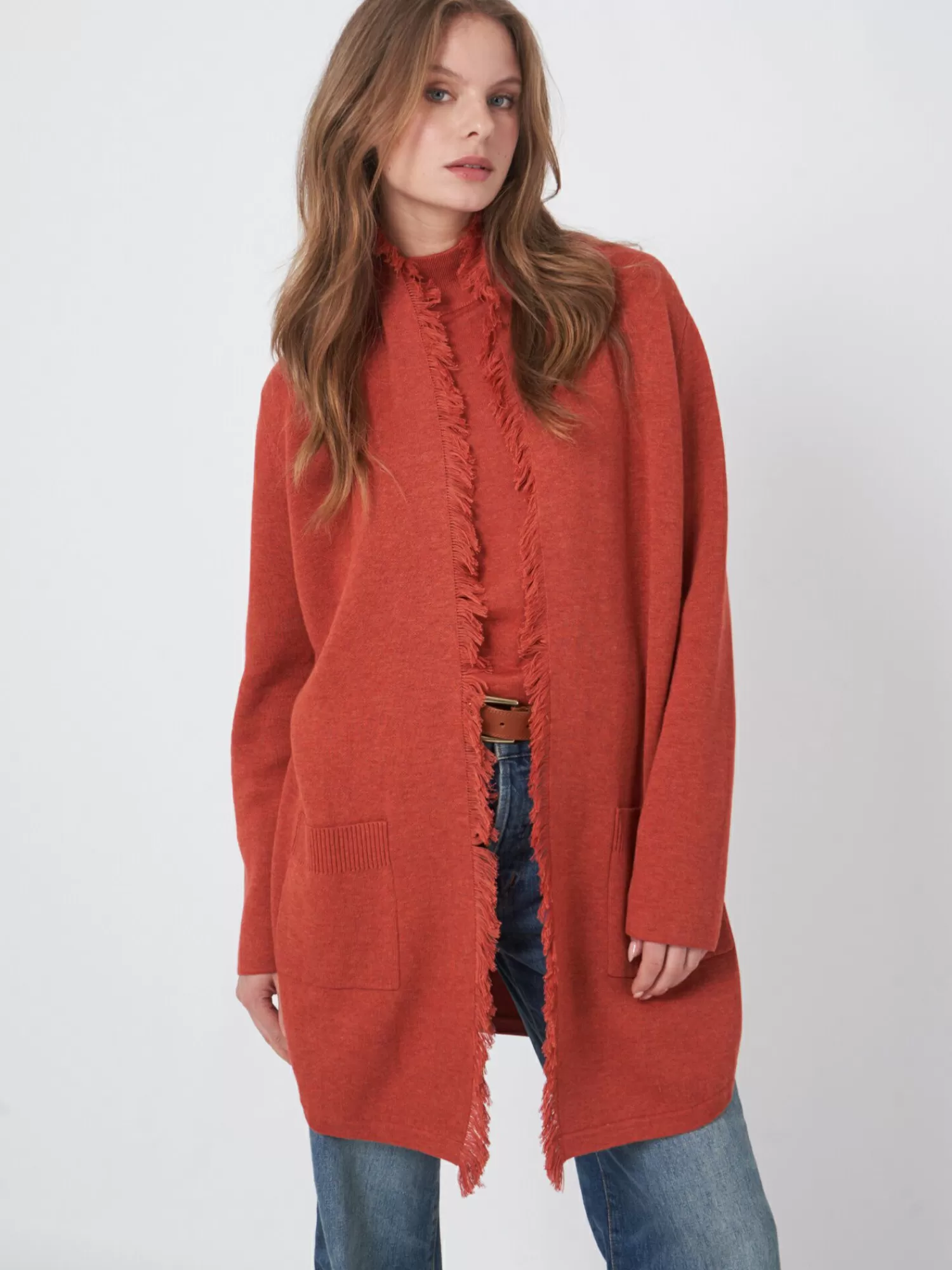 REPEAT cashmere Vesten*Open cardigan met sjaalkraag met franjes Spice