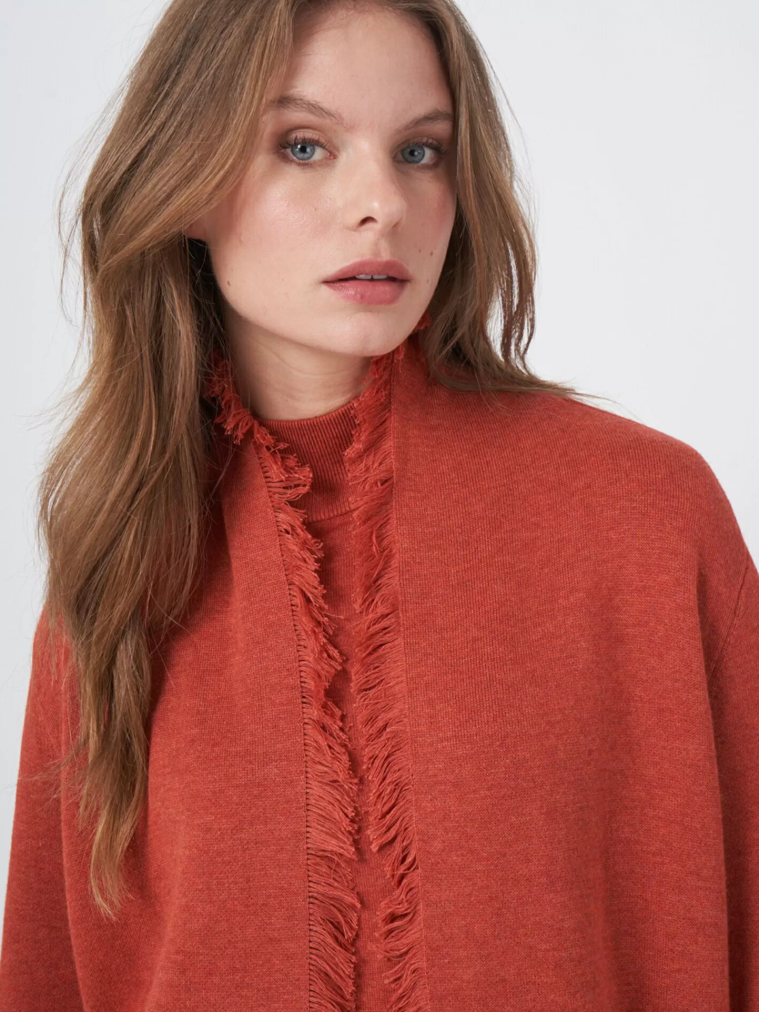 REPEAT cashmere Vesten*Open cardigan met sjaalkraag met franjes Spice