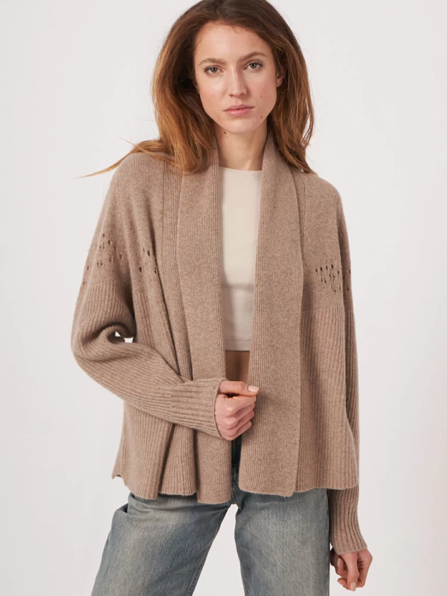 REPEAT cashmere Vesten*Open cashmere cardigan met pointelle details Taupe