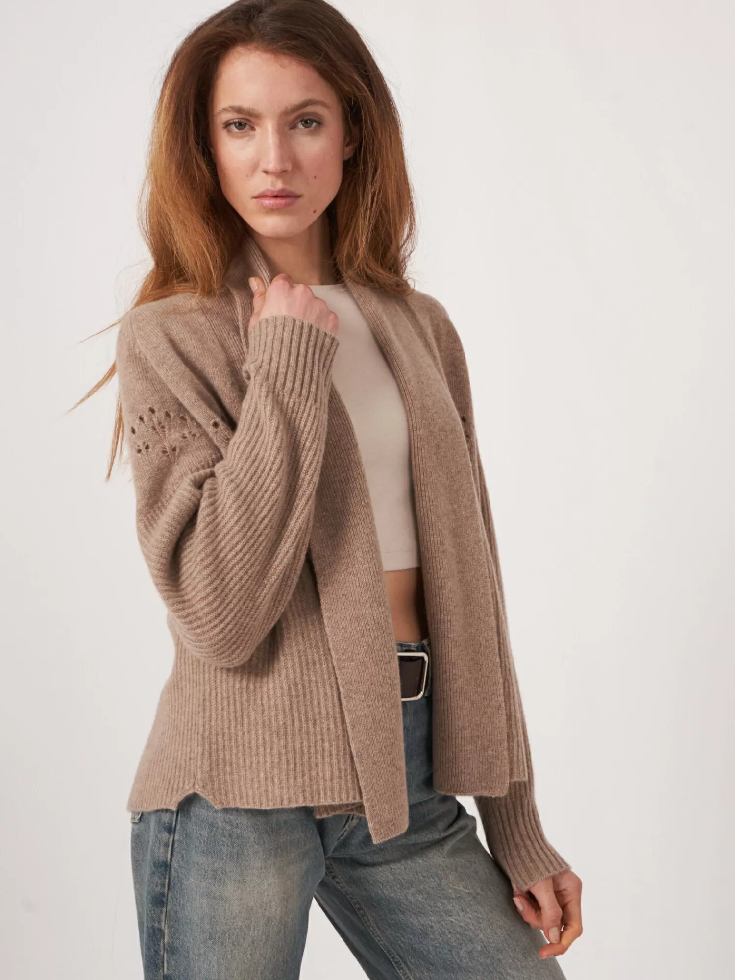 REPEAT cashmere Vesten*Open cashmere cardigan met pointelle details Taupe