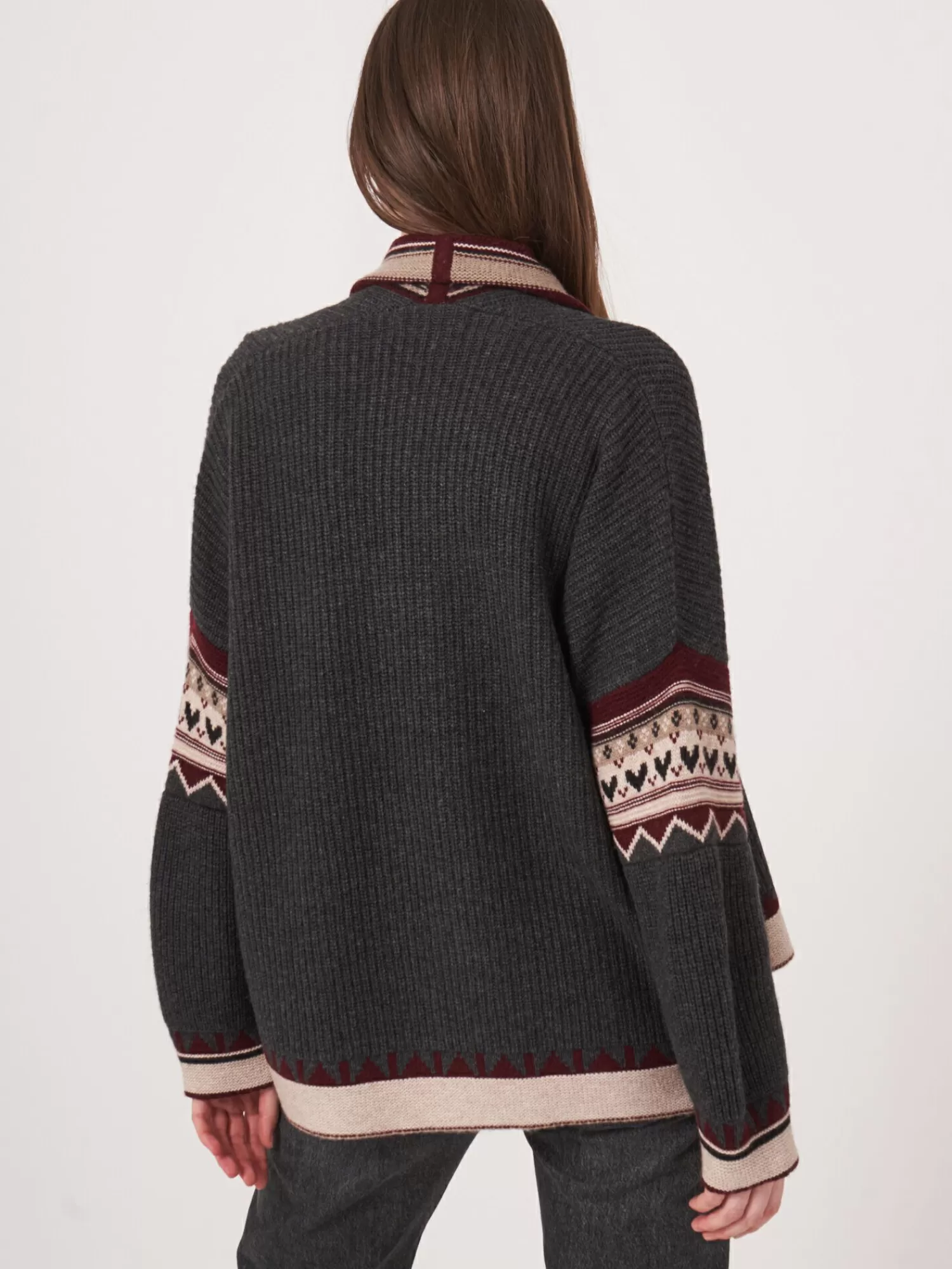 REPEAT cashmere Vesten*Open intarsia cardigan van cashmere mix Charcoal