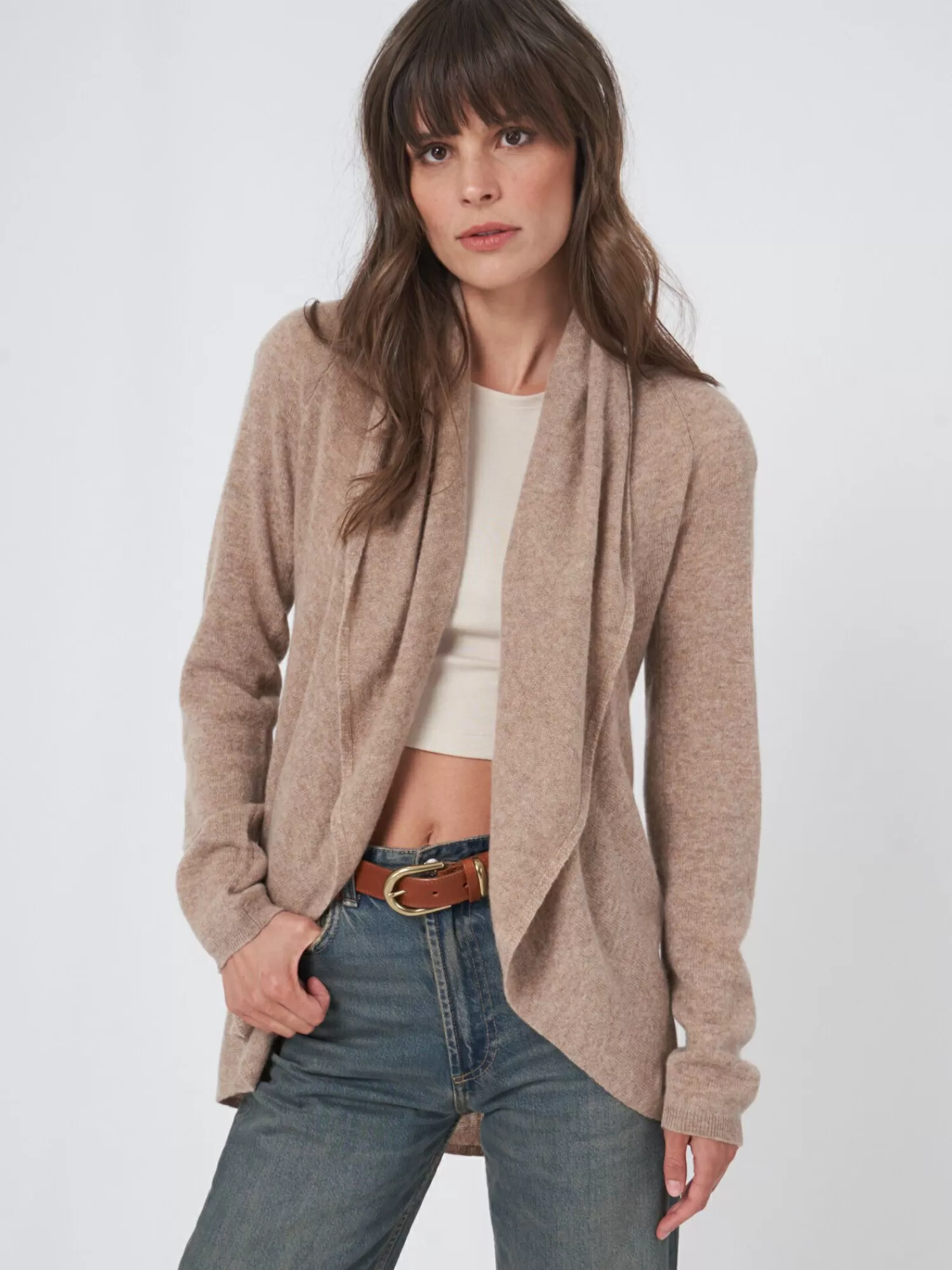 REPEAT cashmere Vesten | Organic Cashmere*Open organisch cashmere vest met sjaalkraag Taupe