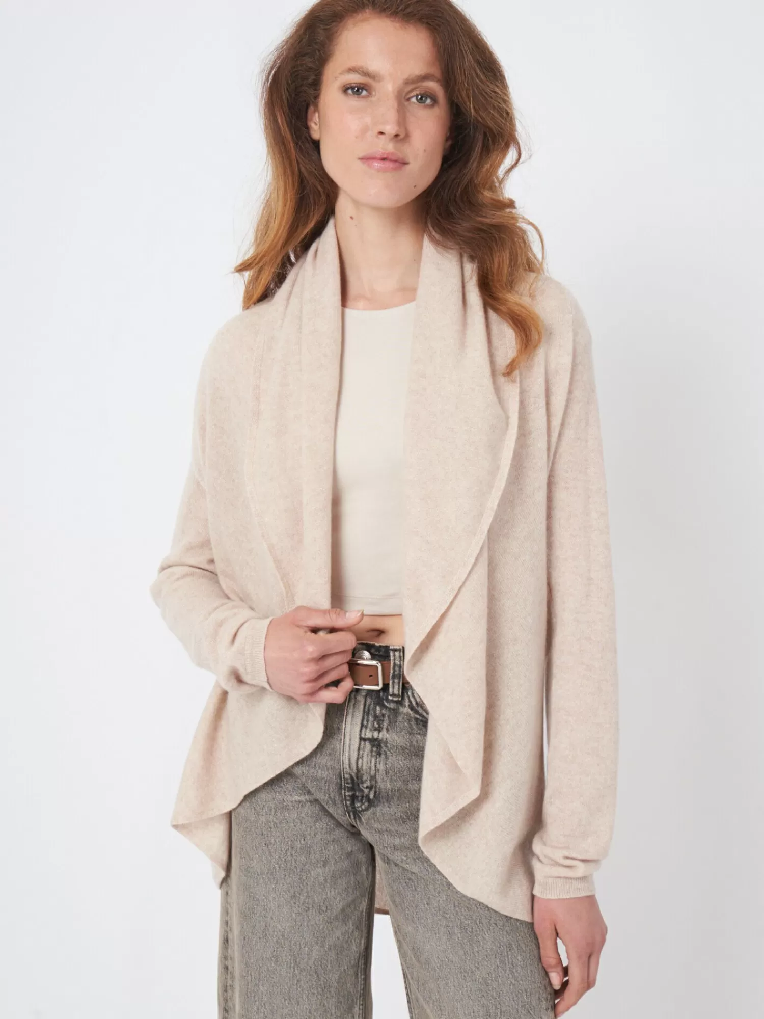 REPEAT cashmere Vesten | Organic Cashmere*Open organisch cashmere vest met sjaalkraag Beige