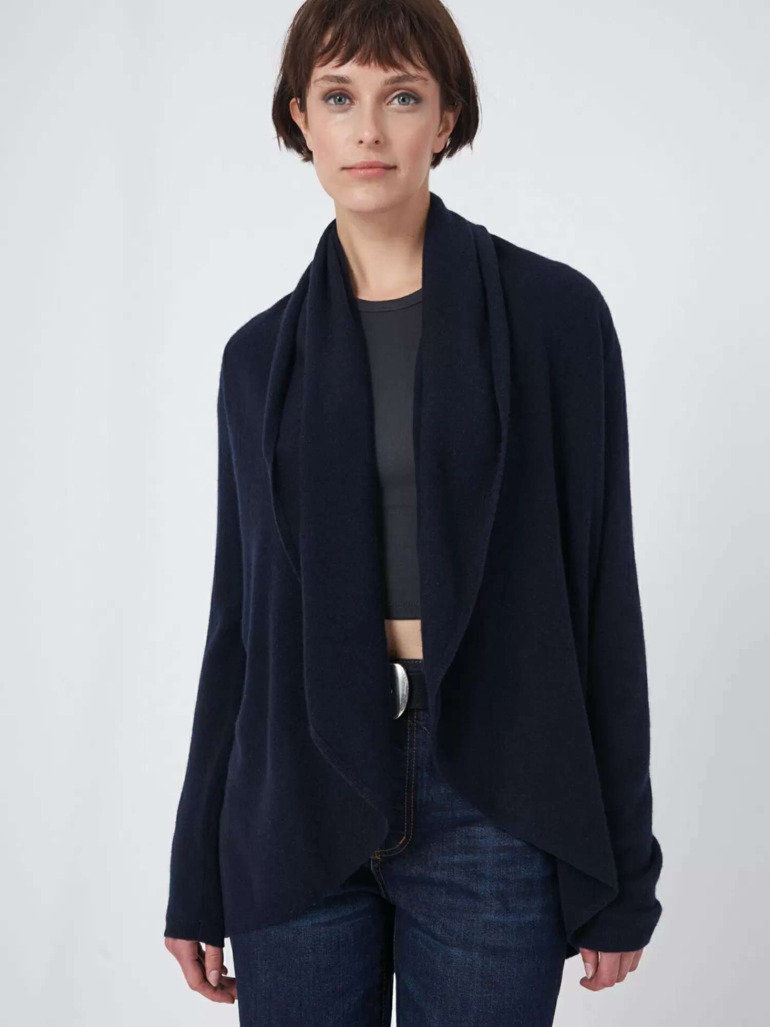 REPEAT cashmere Vesten | Organic Cashmere*Open organisch cashmere vest met sjaalkraag Navy