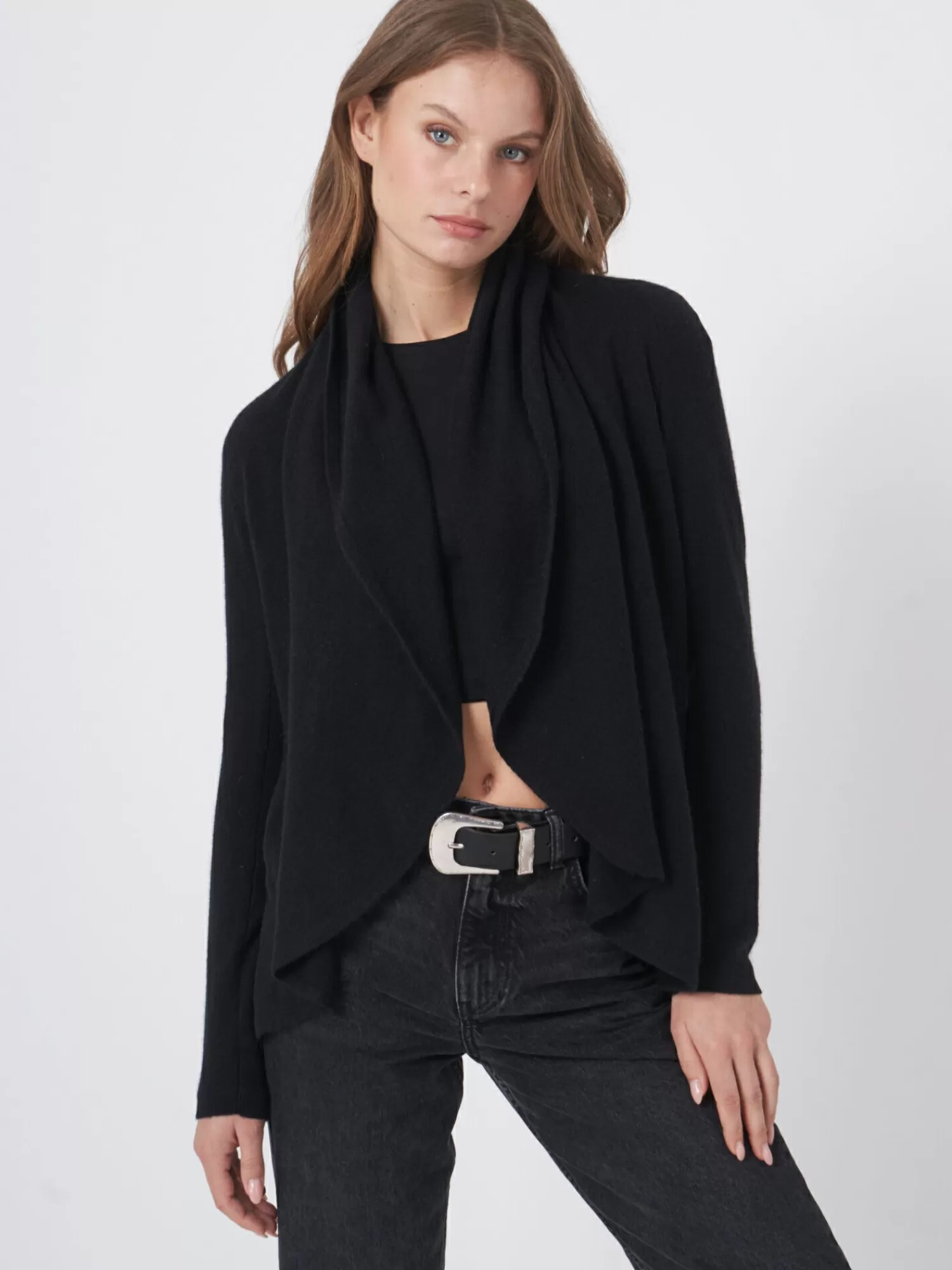 REPEAT cashmere Vesten | Organic Cashmere*Open organisch cashmere vest met sjaalkraag Black