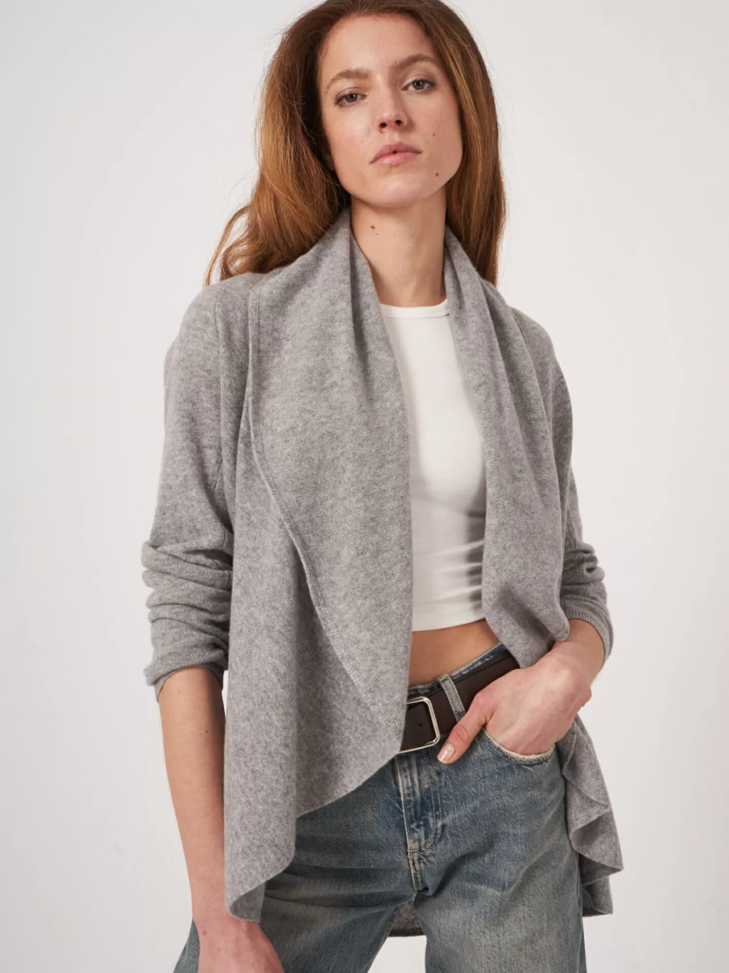 REPEAT cashmere Vesten | Organic Cashmere*Open organisch cashmere vest met sjaalkraag LightGrey